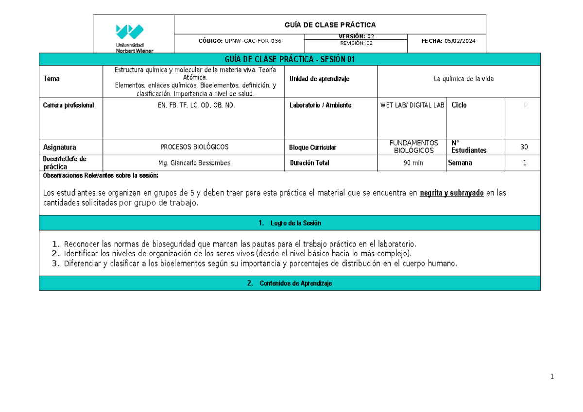 Guía de Práctica UPNW-GAC-FOR- Procesos Biológicos - Semana 1 - Document Preview