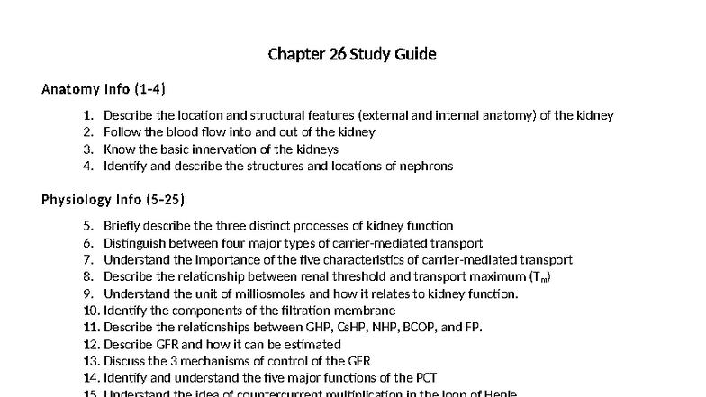 CH26 Study Guide: Kidney Anatomy & Physiology Overview - Studocu