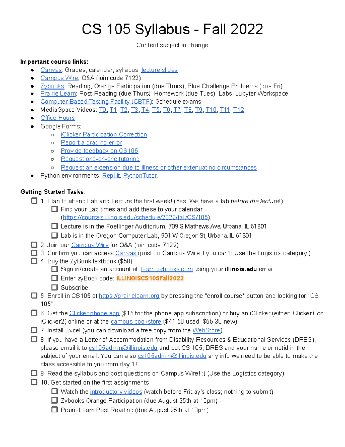 CS 105 Syllabus - Fall 2022: Course Overview and Important Links - Studocu