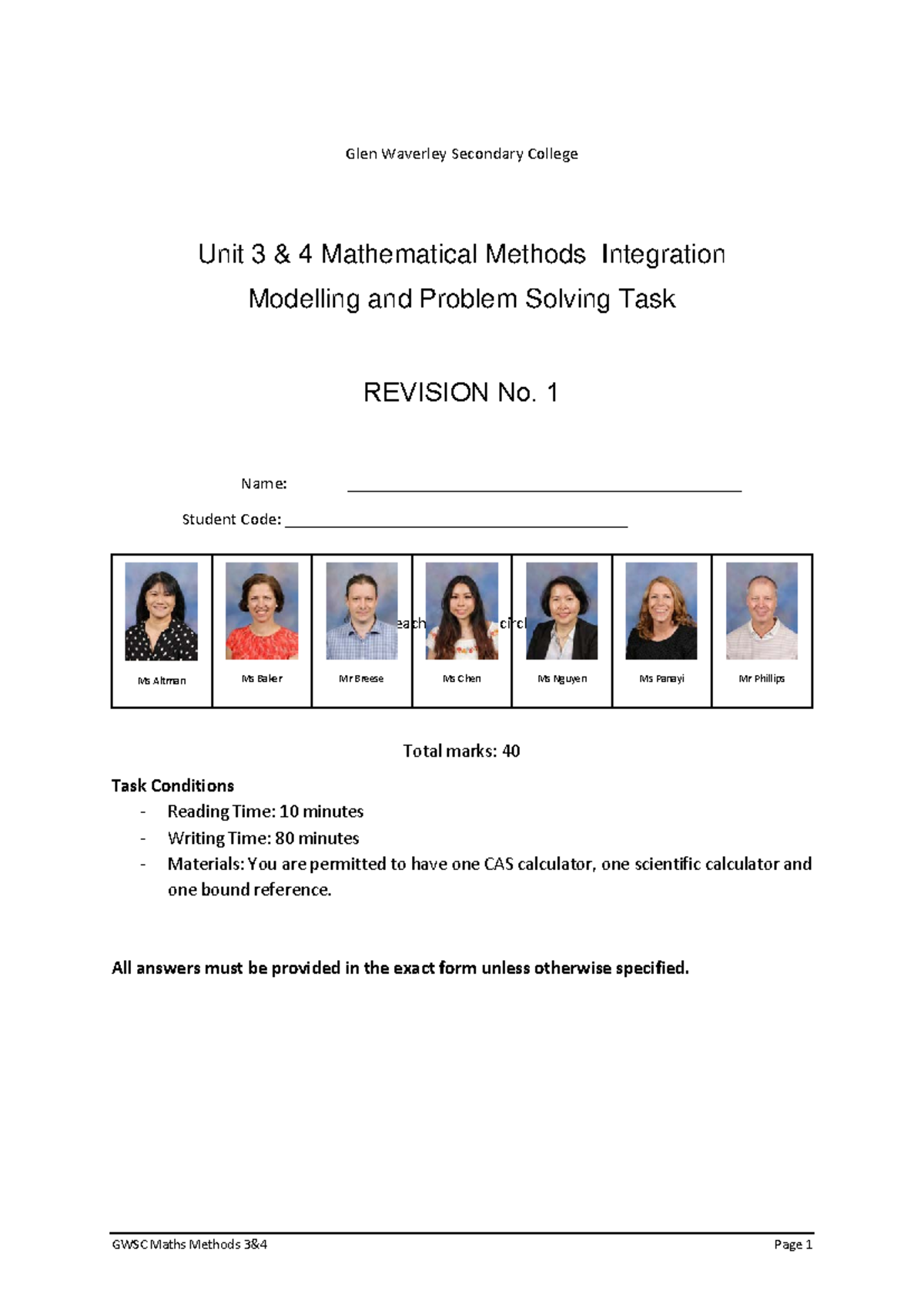 Mathematical Methods Integration Task Revision No 1 - SAC Notes - Studocu