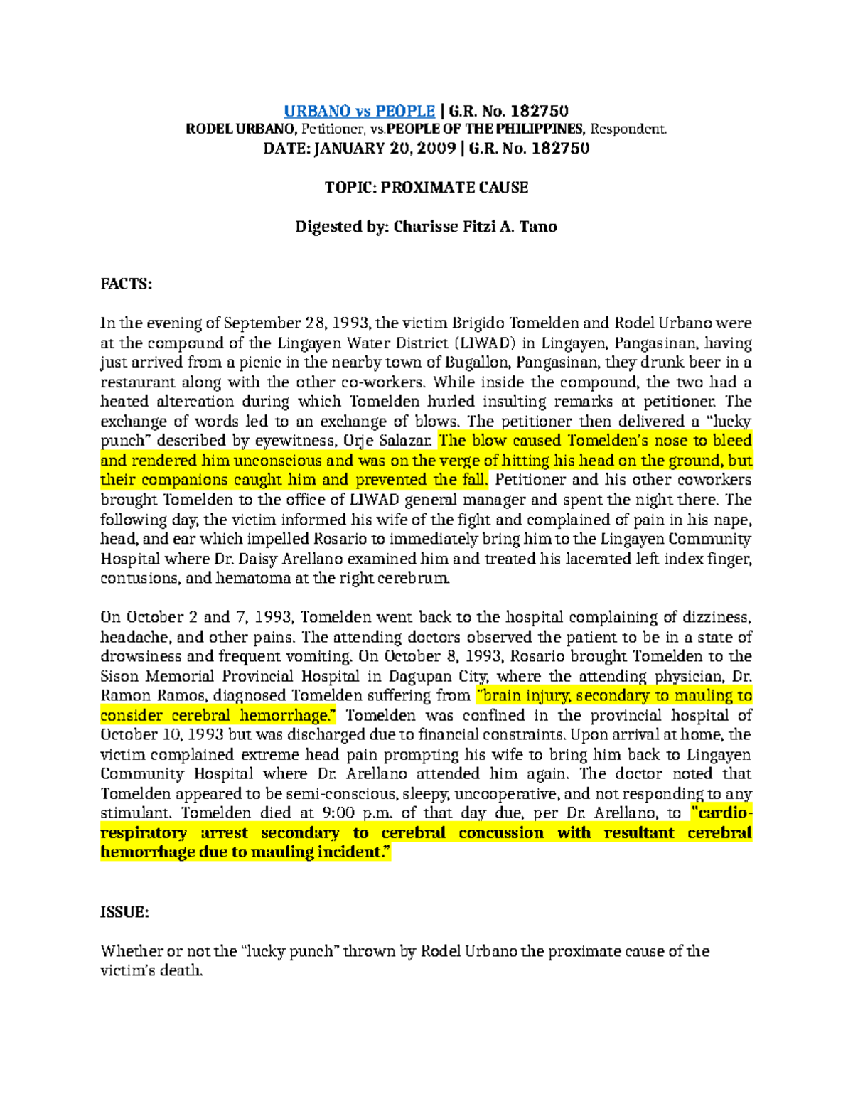 Urbano vs People G.R. No. 182750: Proximate Cause Analysis - Studocu
