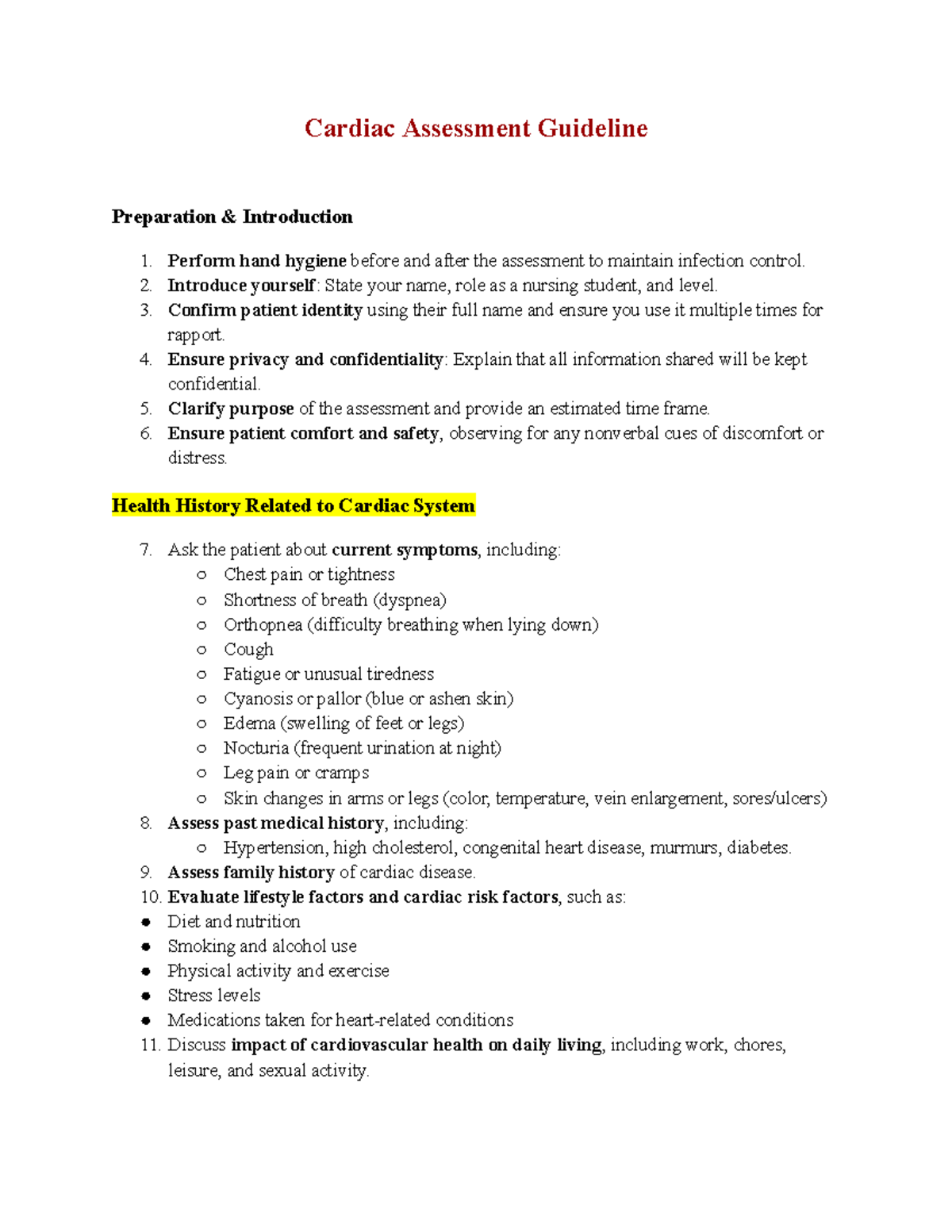 Cardiac Assessment Guidelines for Nursing Students (NURS 101) - Studocu