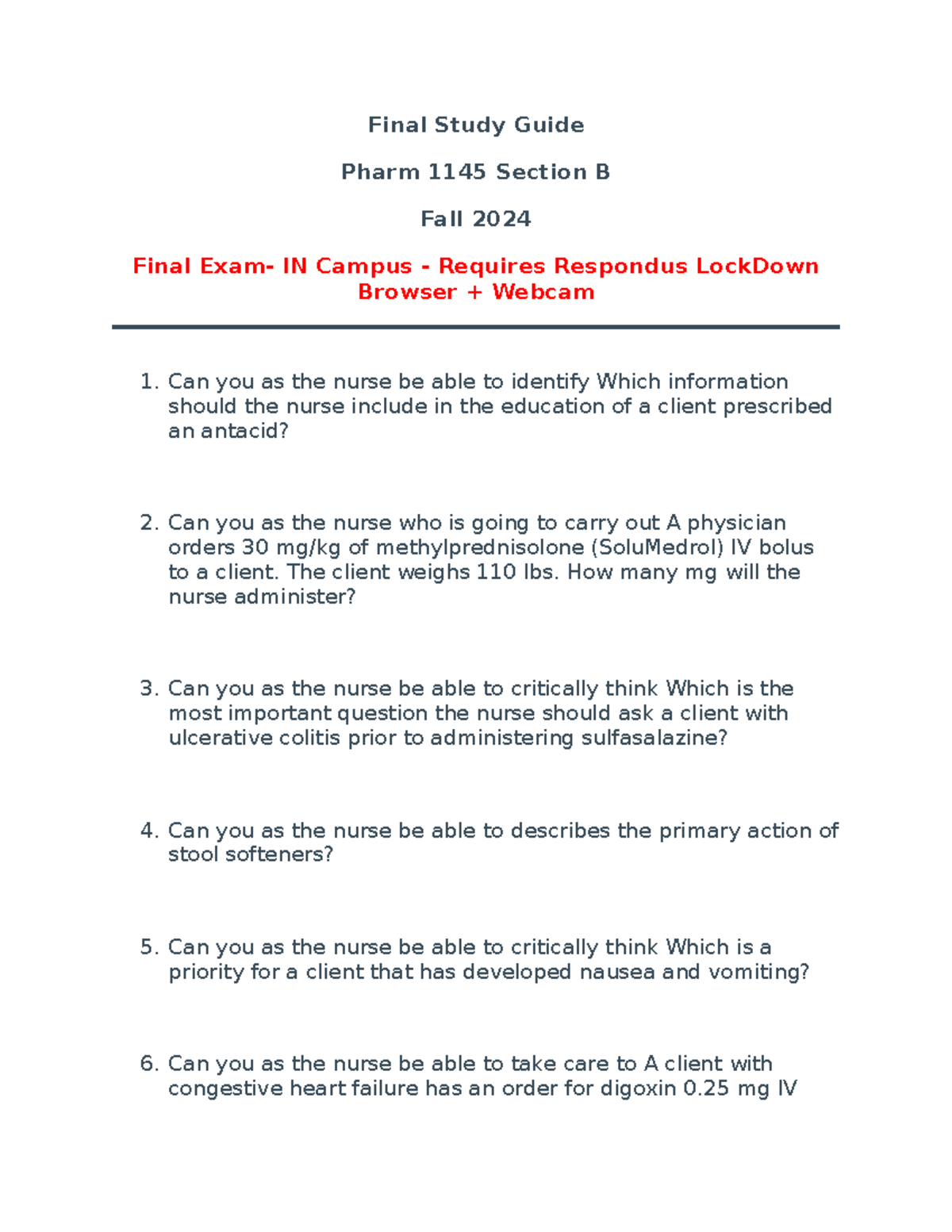 Final Exam Study Guide for Pharm 1145 - Fall 2024 - Studocu