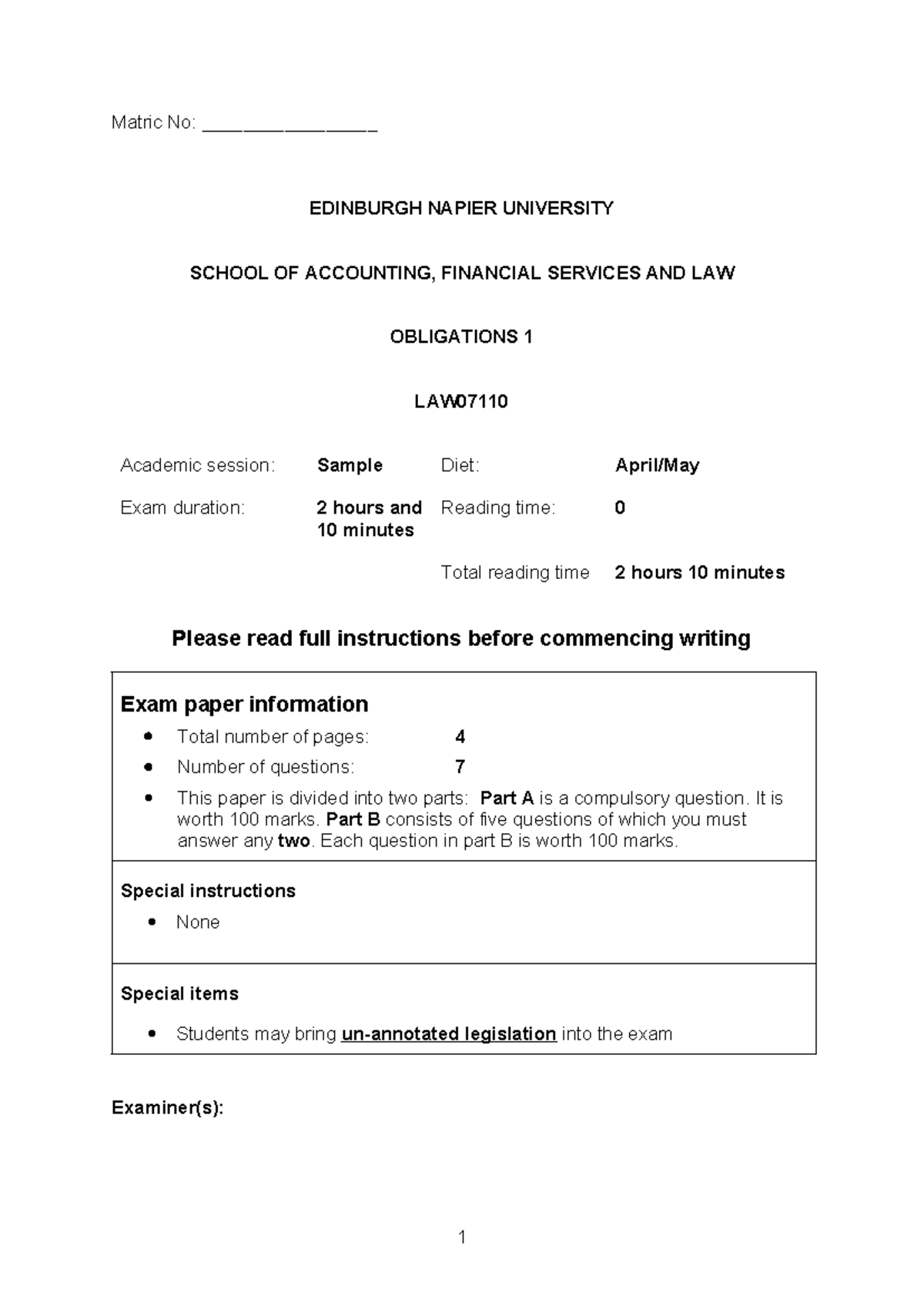 Obligations 1 Law07110 Sample Exam Questions and Guidance - Studocu