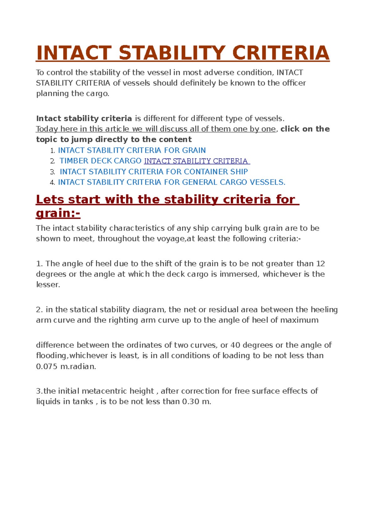 Intact Stability Criteria for Various Vessels: Comprehensive Notes ...