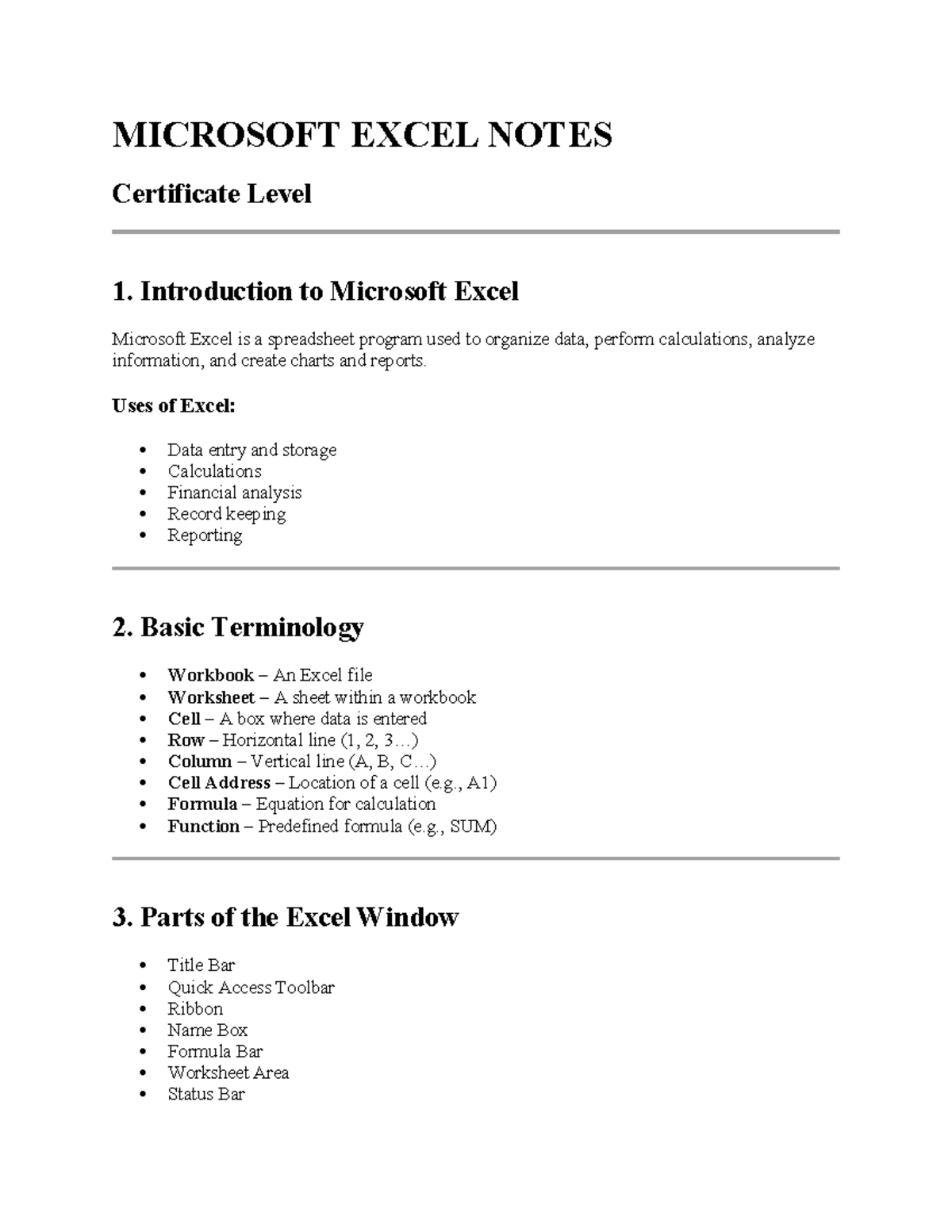 MICROSOFT EXCEL NOTES - Certificate Level 1 Overview and Basics - Studocu