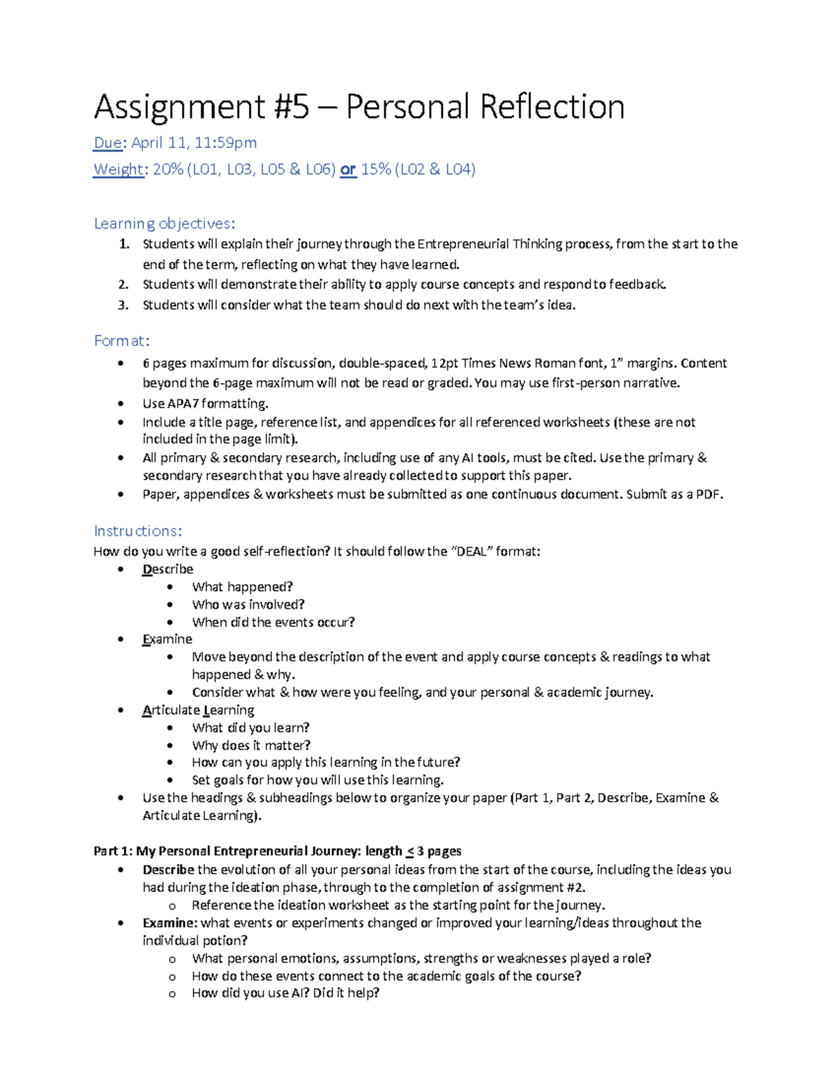 Assignment #5: Personal reflection on entrepreneurial journey (L01, L03 ...