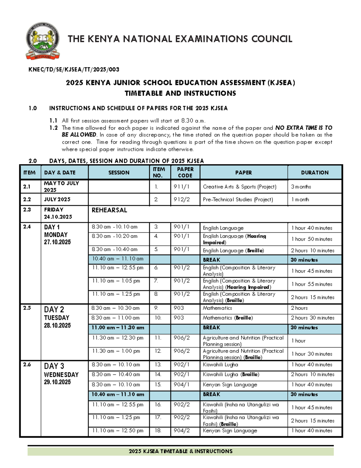2025 KJSEA Timetable & Instructions for Candidates and Teachers - Studocu