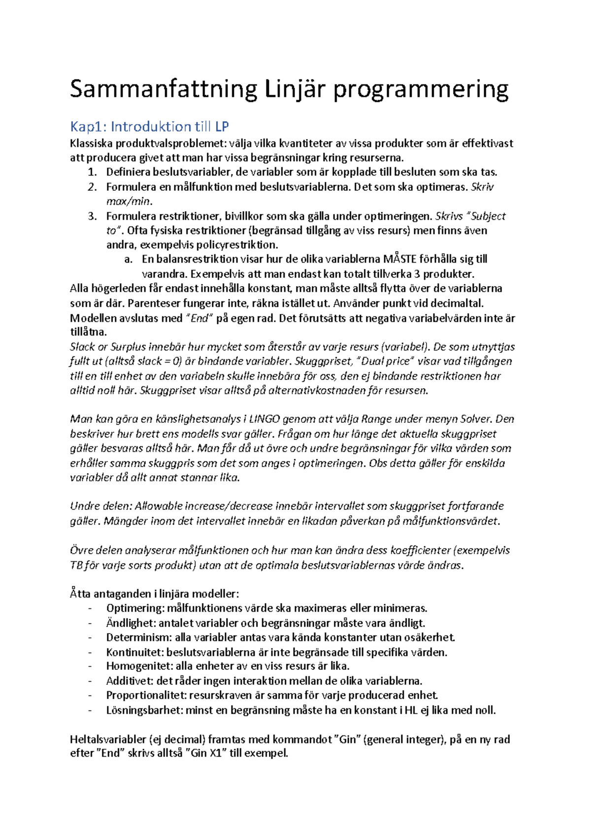 Sammanfattning av Linjär Programmering (LP) - Identifiera och Optimera ...
