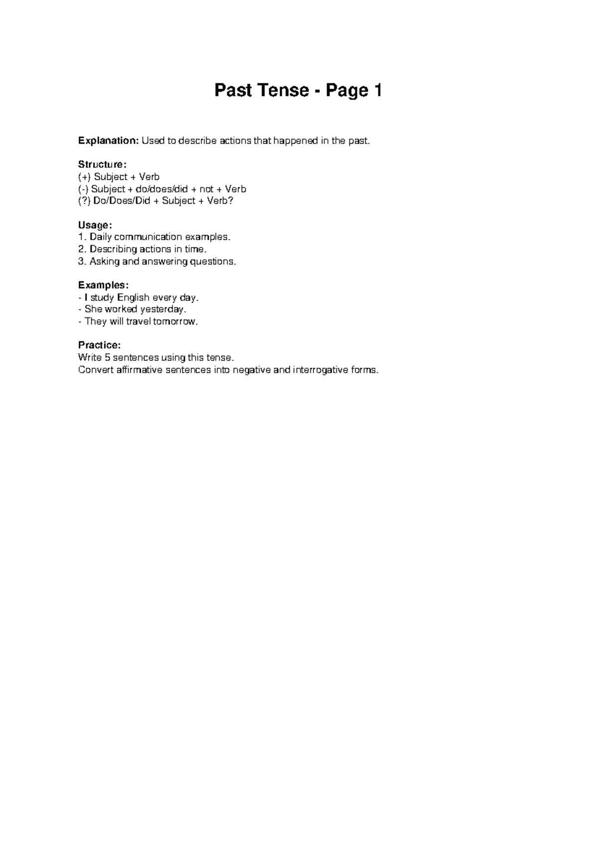 Past Tense Guide: Understanding and Practicing Usage - Studocu
