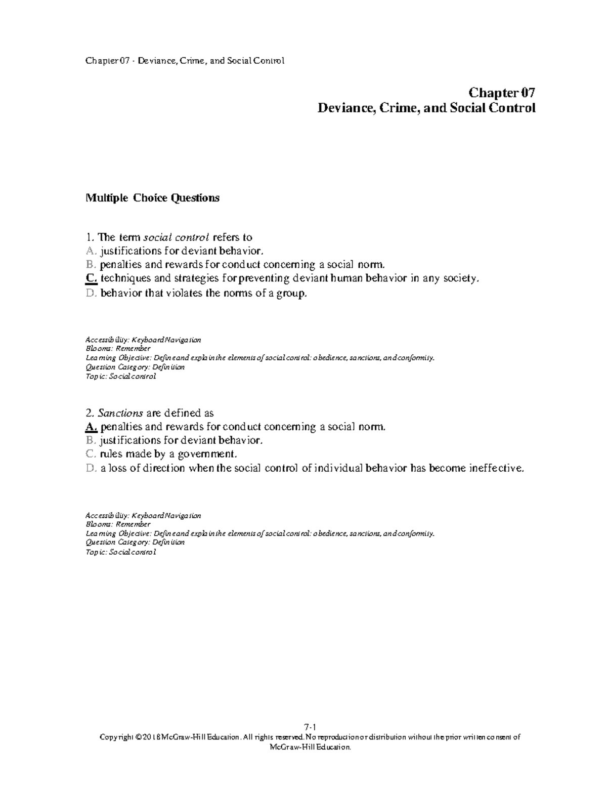 SOCS 101 Chapter 7 Test Bank: Deviance and Social Control Concepts ...