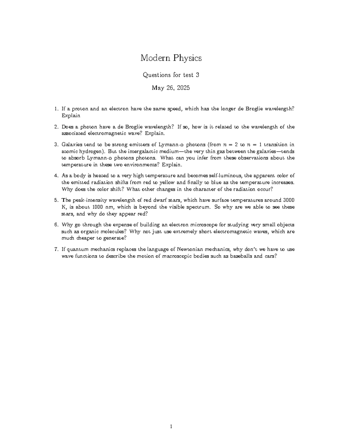 Modern Physics Test 3 Questions - May 26, 2025 - Studocu