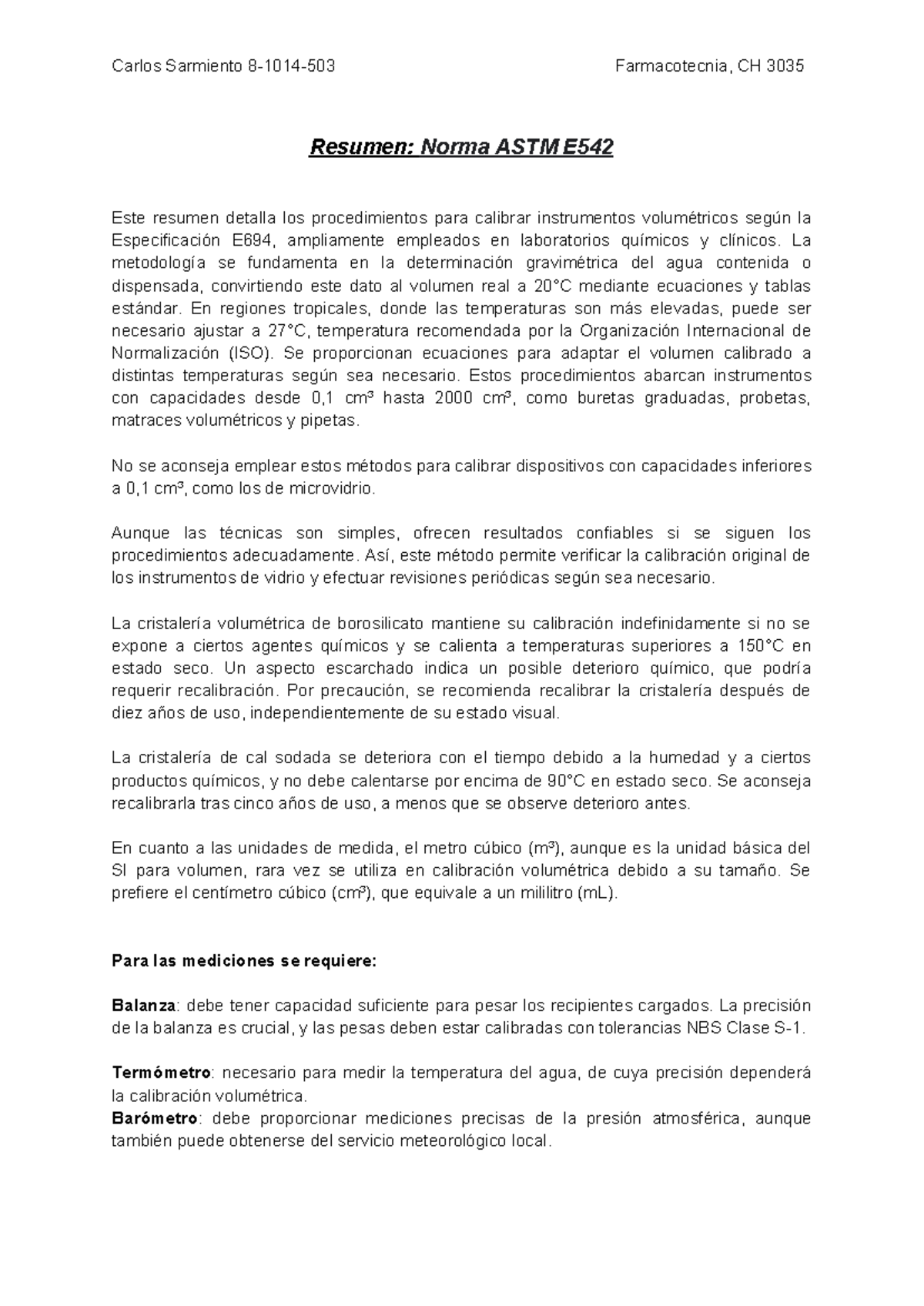 Farmacotecnia II - Resumen de la Norma ASTM E542 para Calibración - Studocu