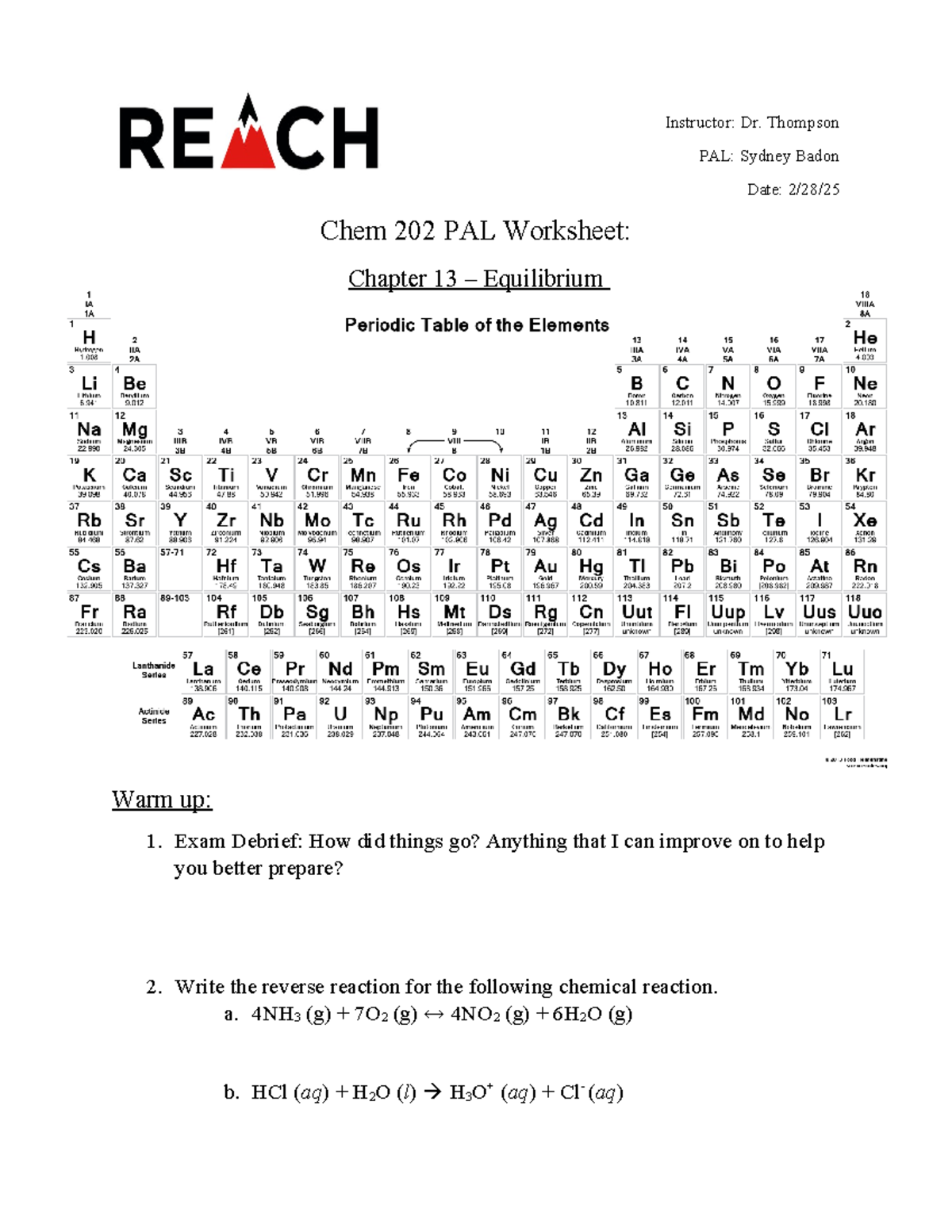 Chem 202 PAL Worksheet: Chapter 13 - Chemical Equilibrium Analysis ...