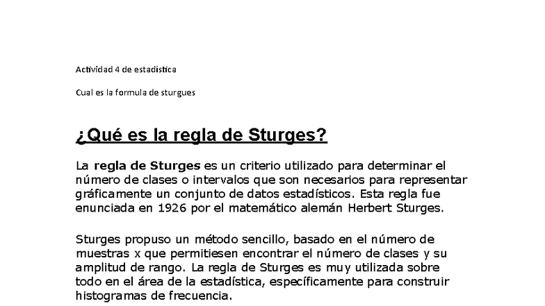 Ley de Sturges: Fórmula y Aplicaciones en Estadística - Studocu