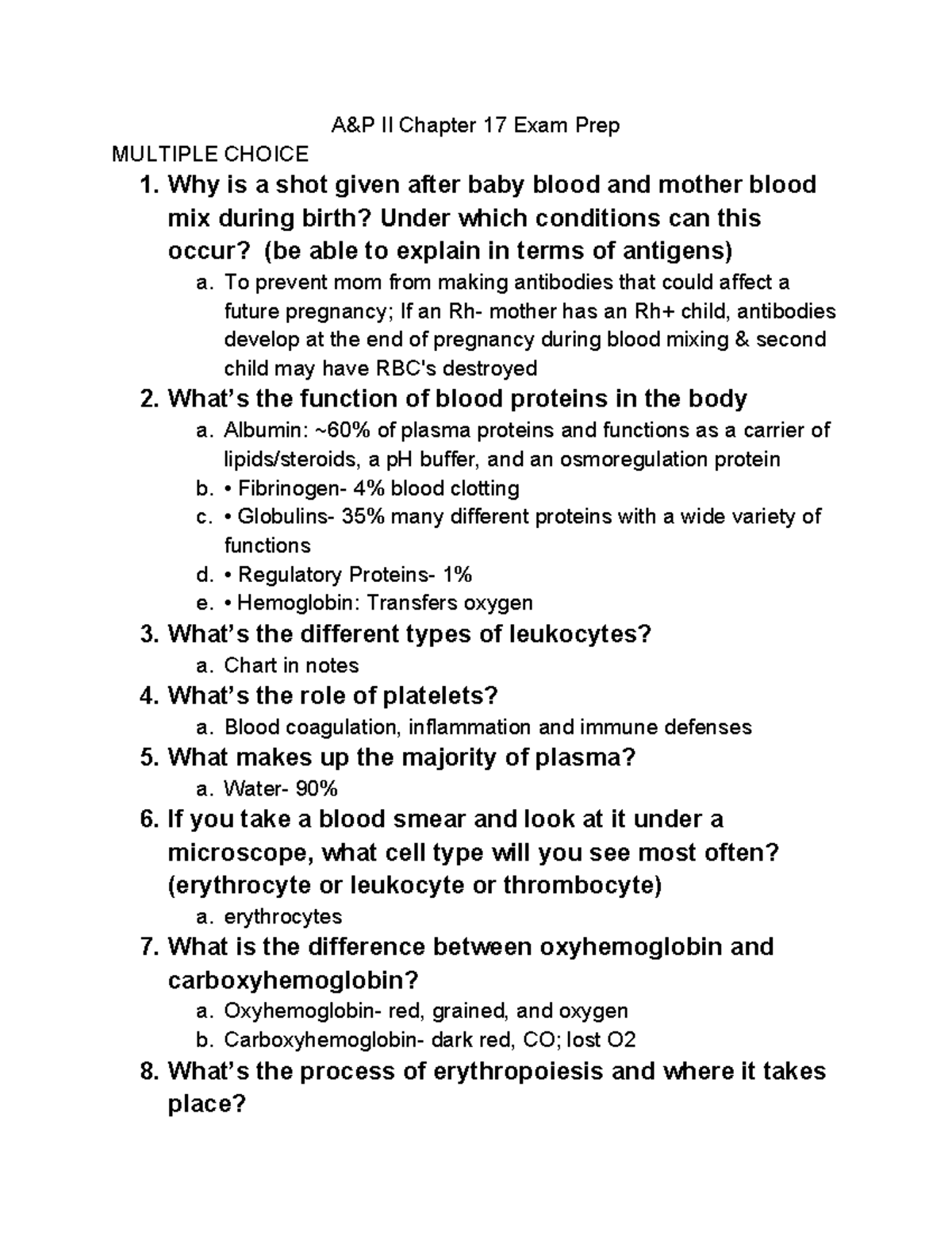 A&P II Chapter 17 Exam Prep: Blood Components & Functions - Studocu