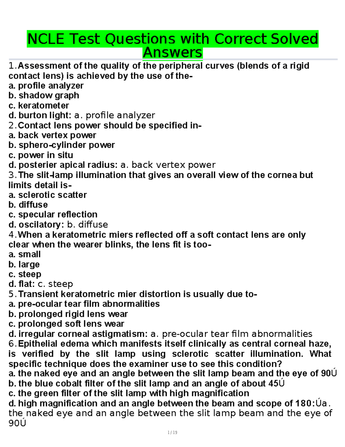 NCLE 1: Test Questions with Correct Answers for Contact Lens Fitting ...