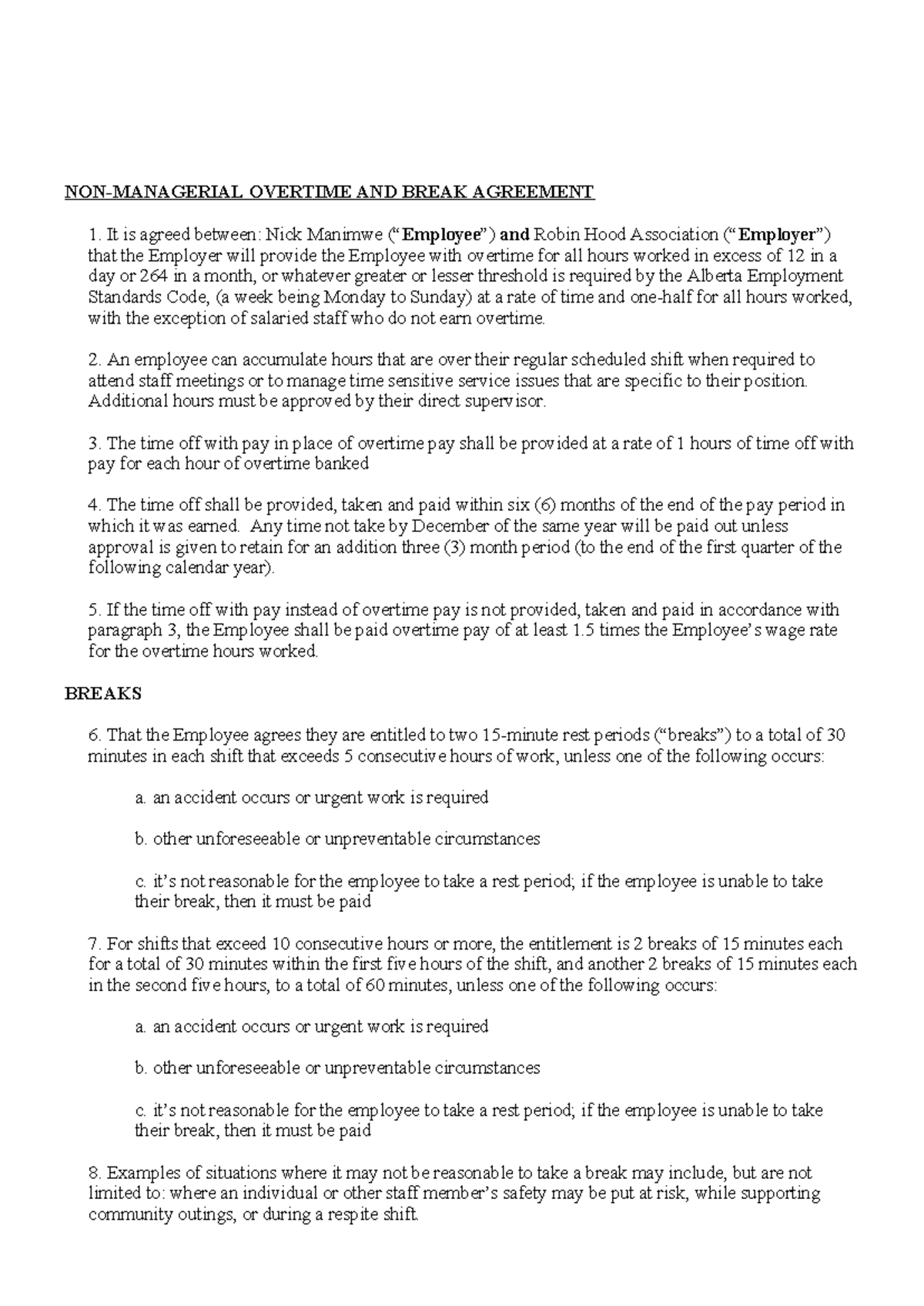 Non-Managerial Overtime & Break Agreement Document - Studocu