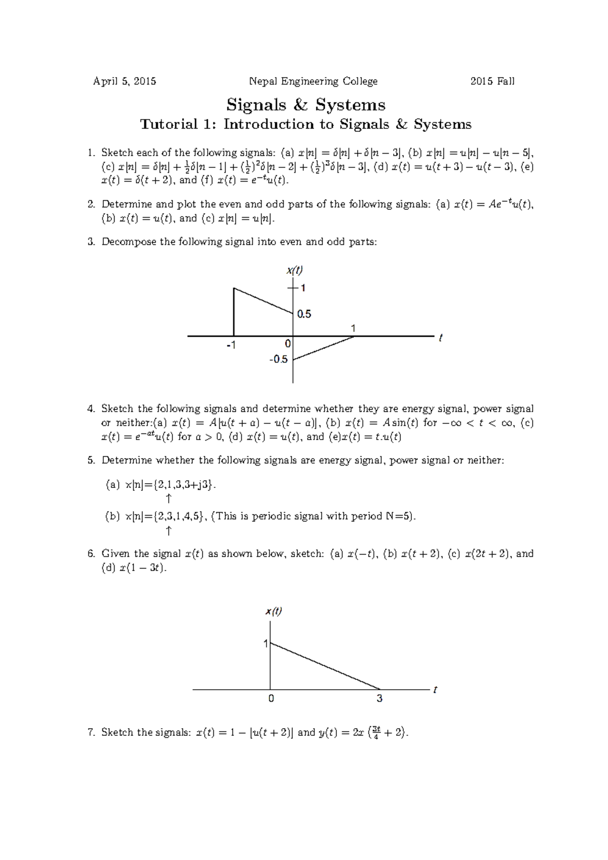 Tutorial 1Problems Signals And Systems - April 5, 2015 Nepal ...
