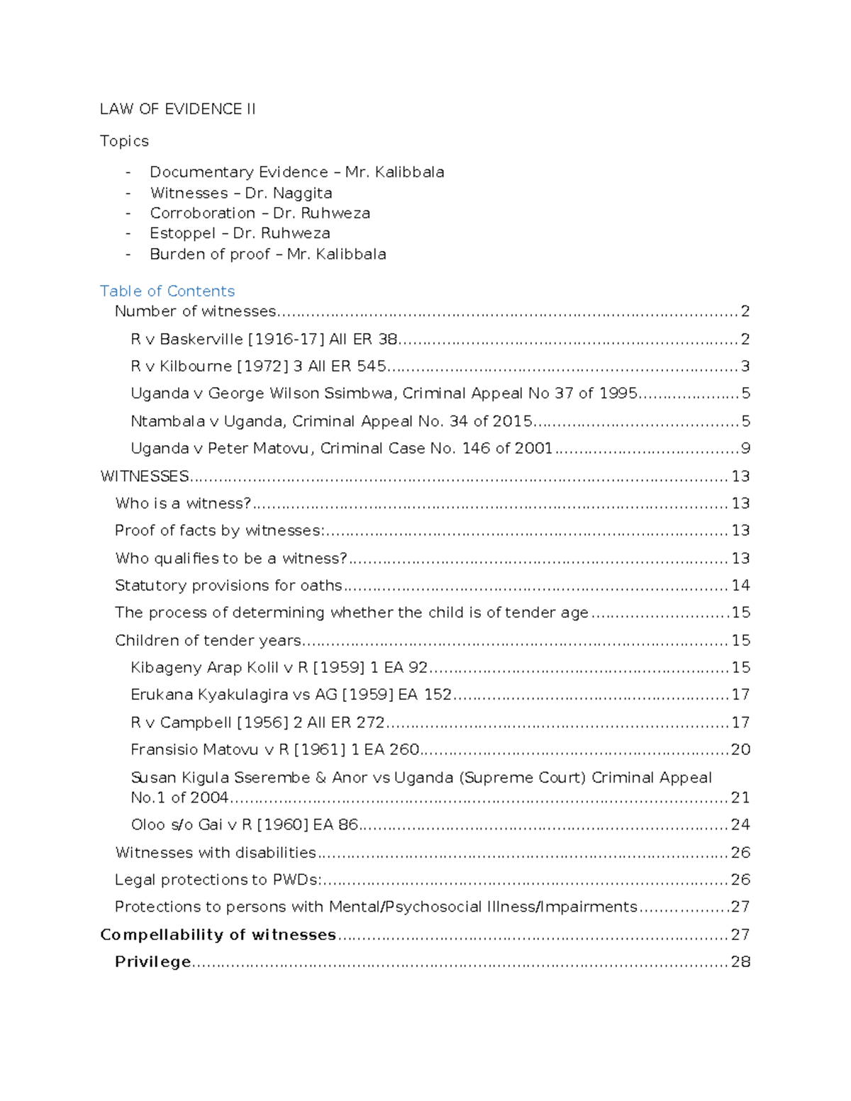 LAW OF EVIDENCE II: Class Notes on Documentary Evidence & Witnesses ...