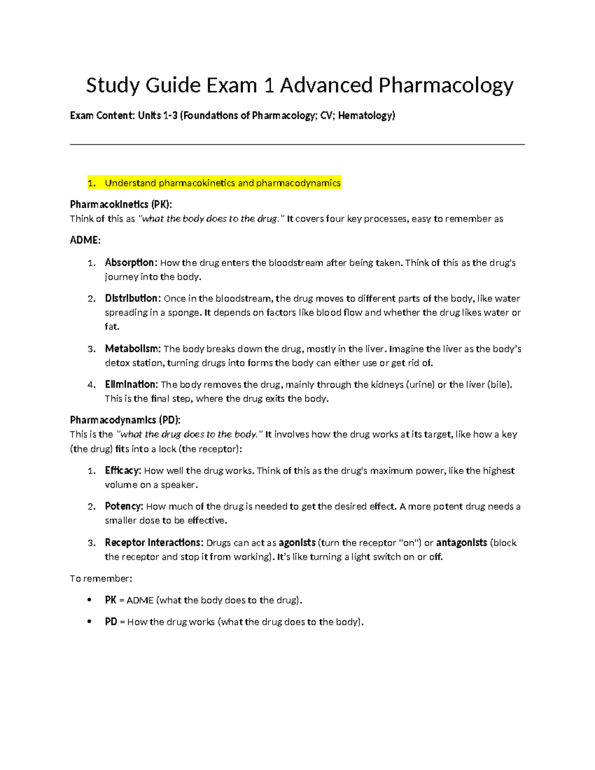 Pharm Exam 1 Study Guide - Study Guide Exam 1 Advanced Pharmacology ...