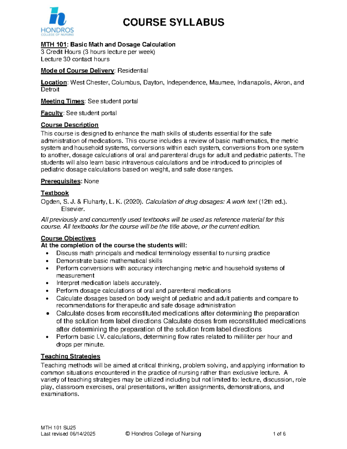 MTH 101 SU25: Basic Math & Dosage Calculation Course Syllabus - Studocu