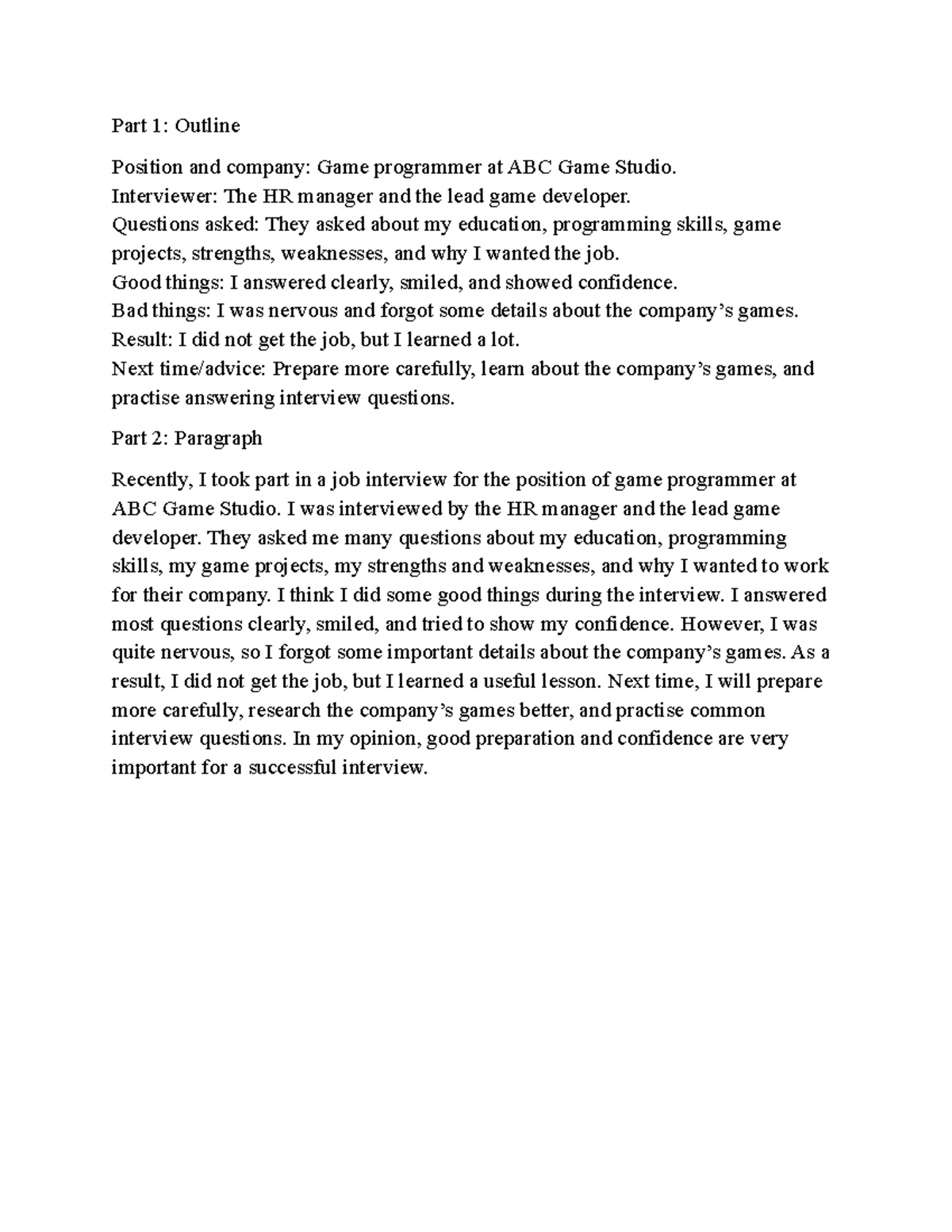 Unit 8: Job Interview Reflection - Game Programmer Position - Studocu