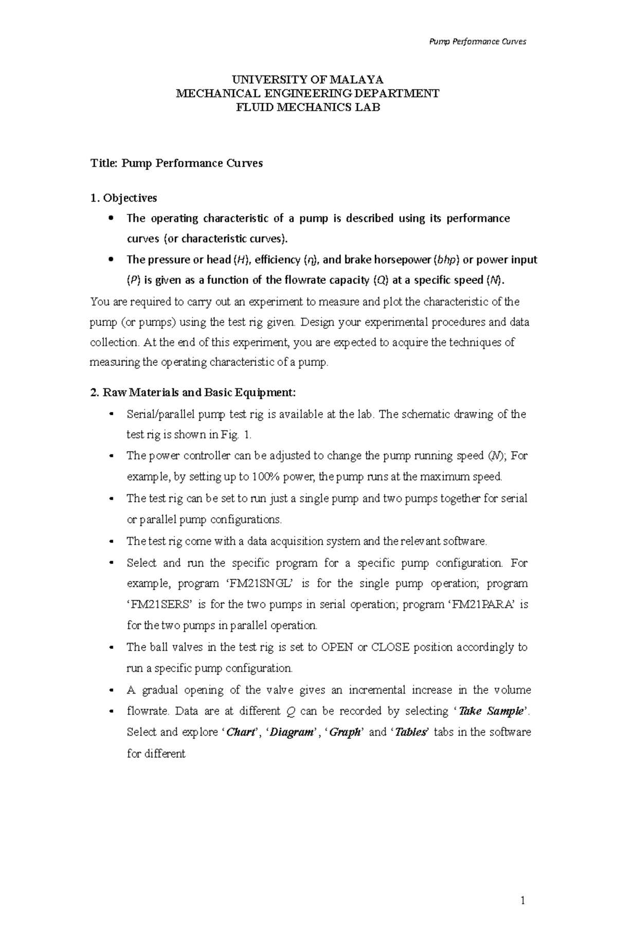 Lab Sheet U2 - 1. Objectives The operatng characteristic of a pump is ...