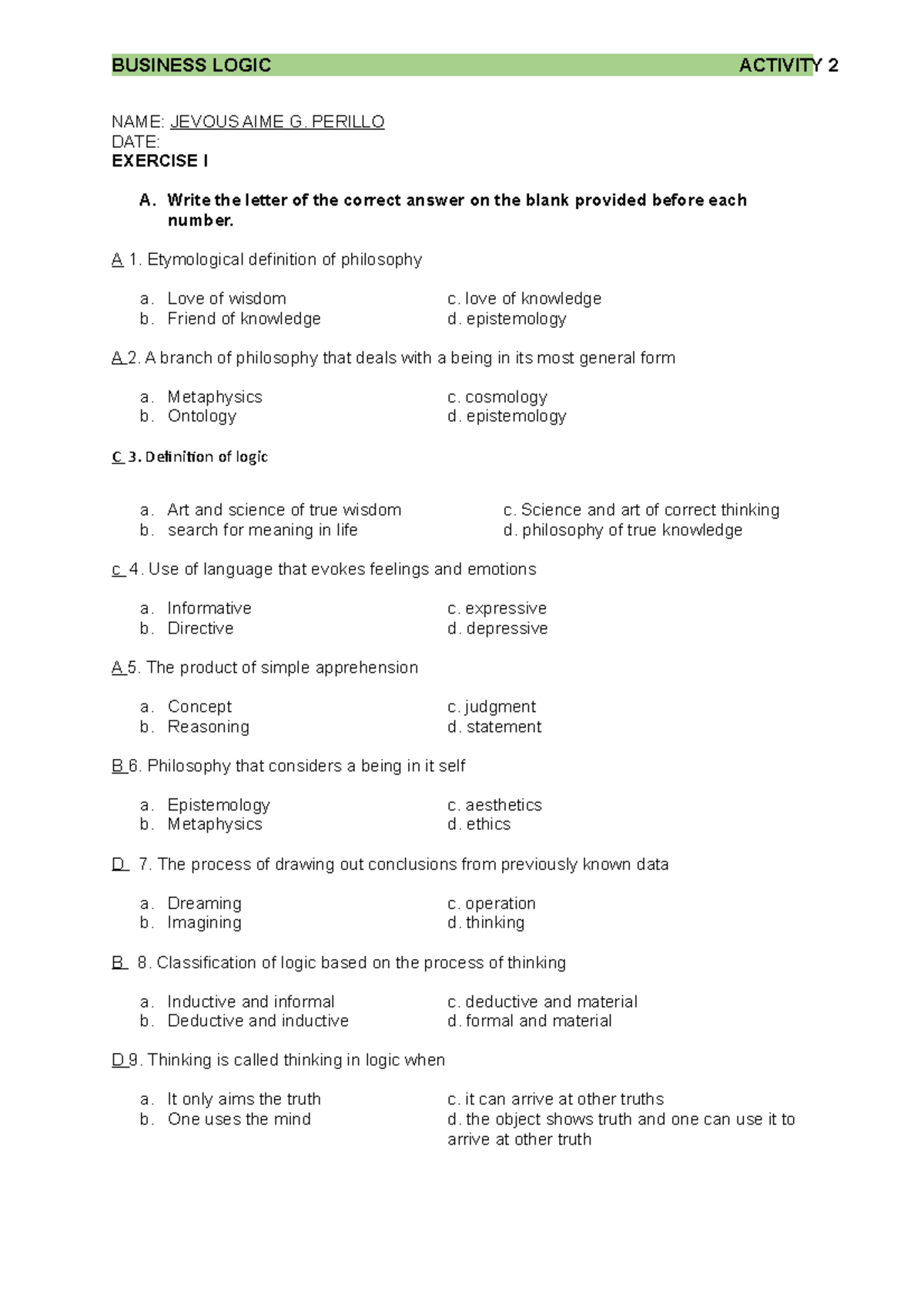 Business Logic Activity 2 - Philosophy and Logic Concepts Review - Studocu