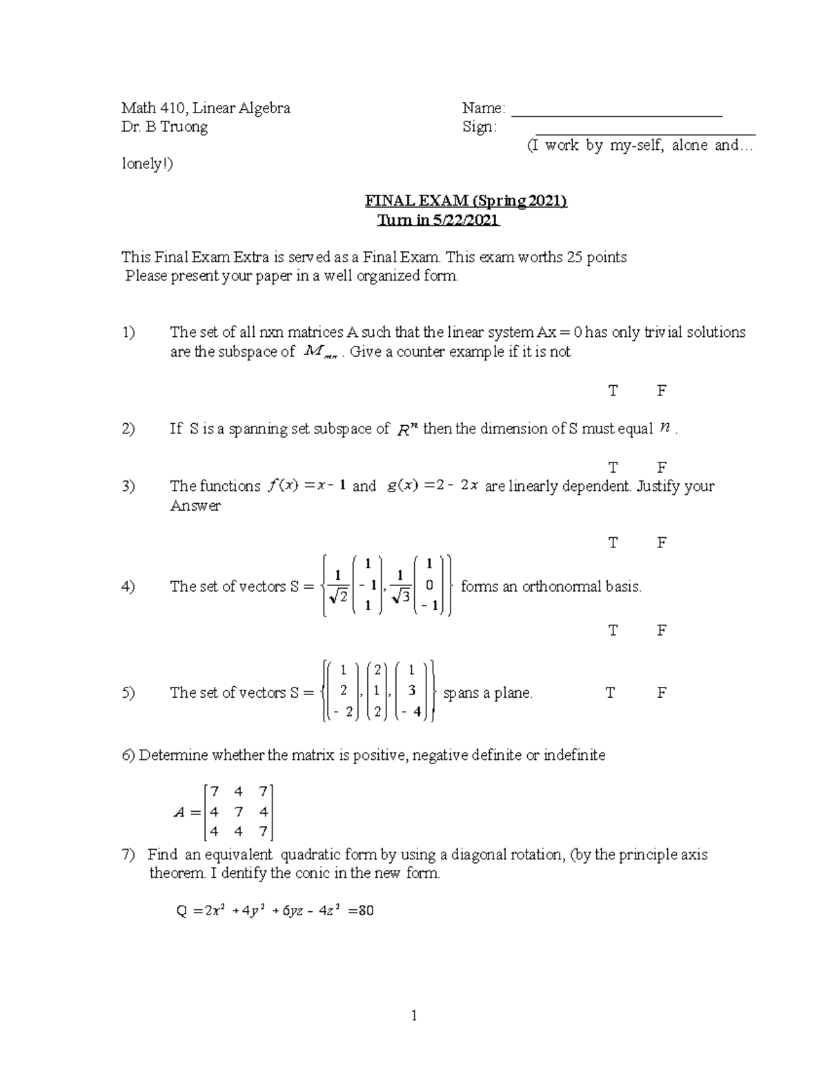 Final Exam Sample for MATH 410: Linear Algebra (Spring 2021) - Studocu