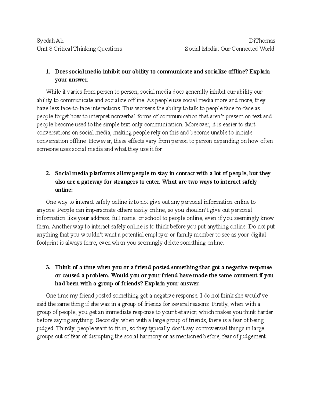 Unit 8 Critical Thinking Questions - Does social media inhibit our ...