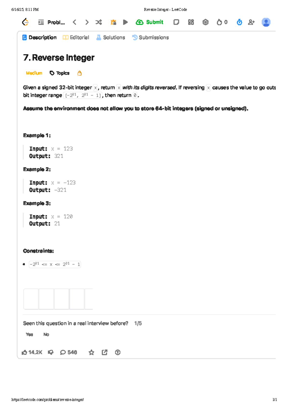 Reverse Integer - Leet Code - Description Editorial Solutions ...