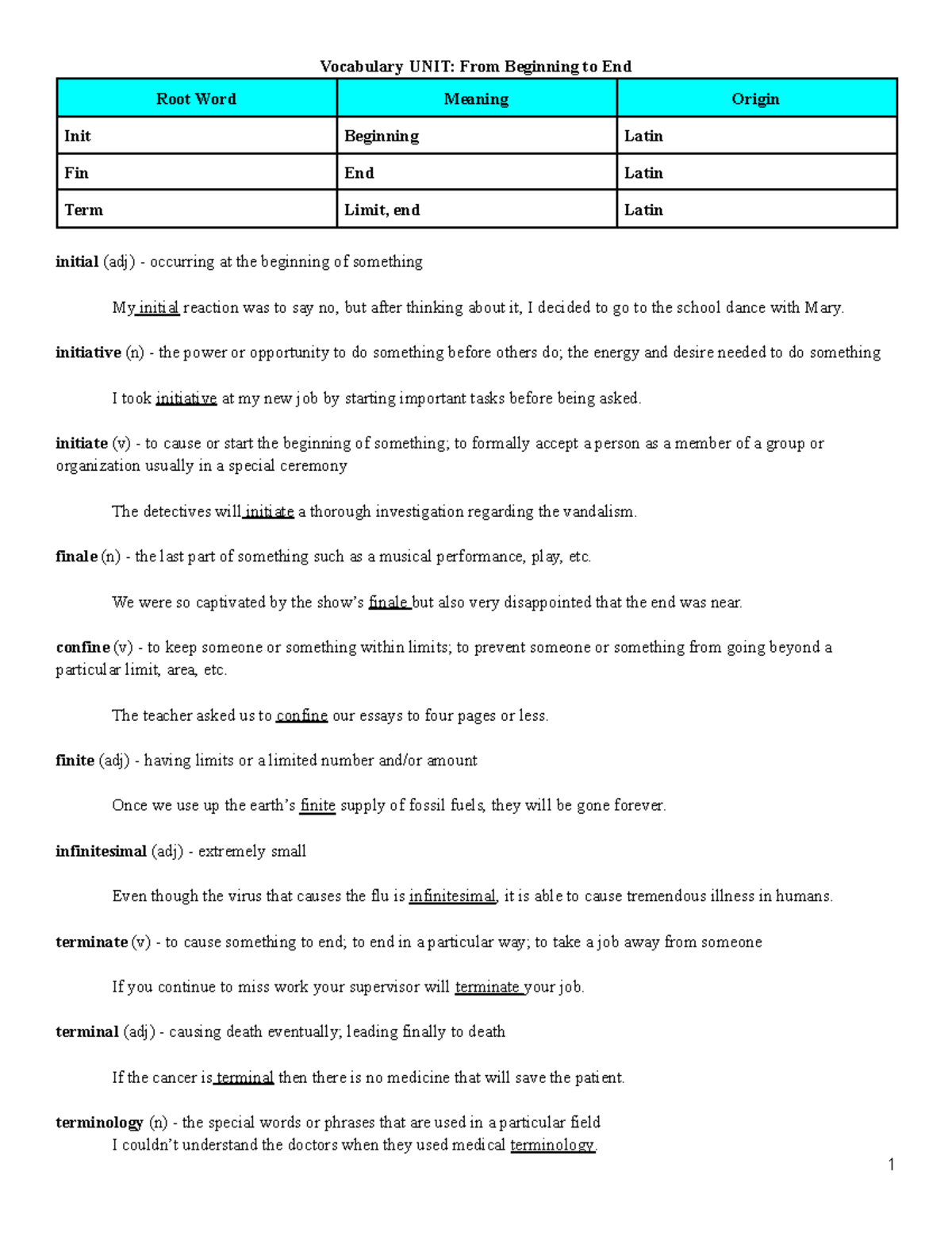 Vocabulary Unit: From Beginning to End - Root Words & Meanings - Studocu