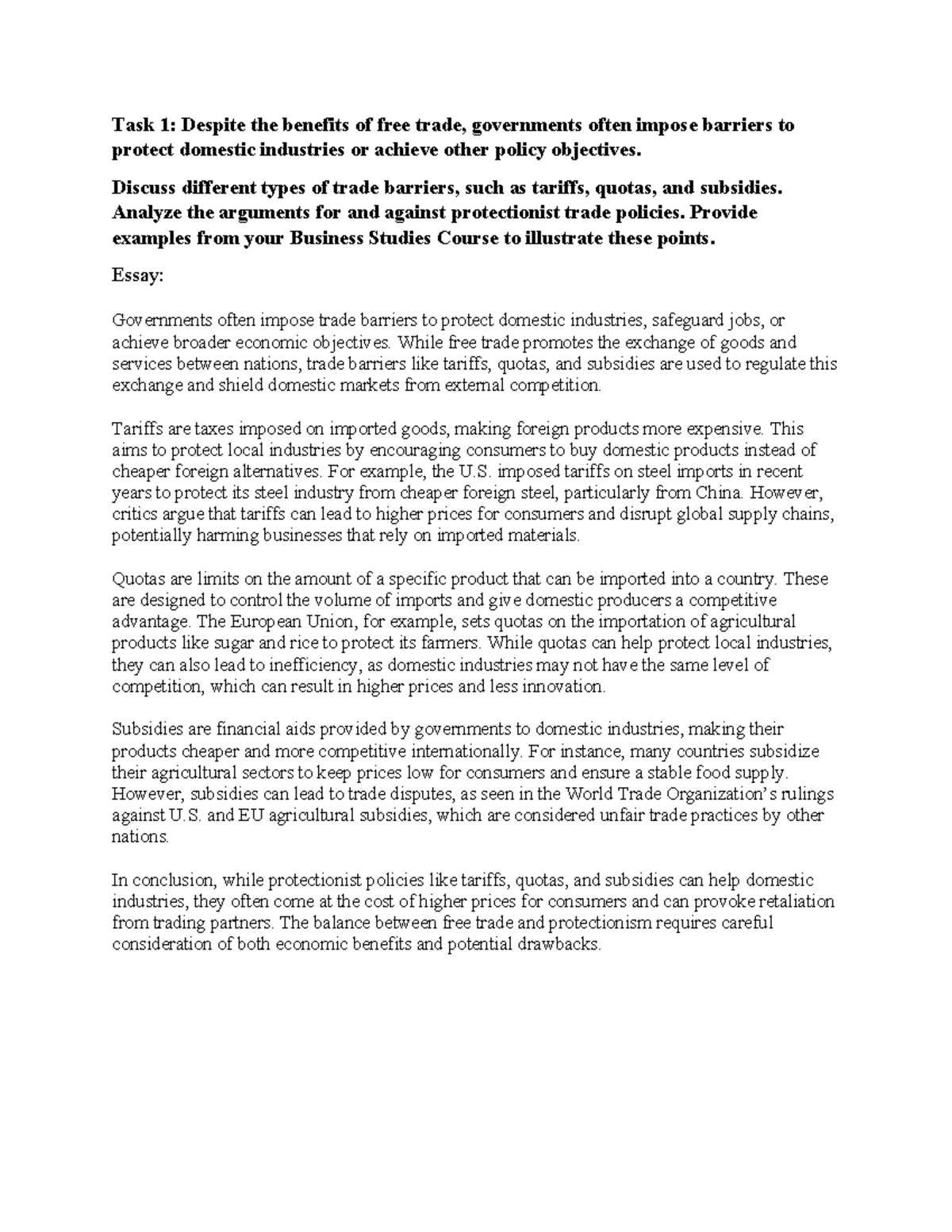 BTVN Task 1: Analyzing Trade Barriers and Protectionist Policies - Studocu