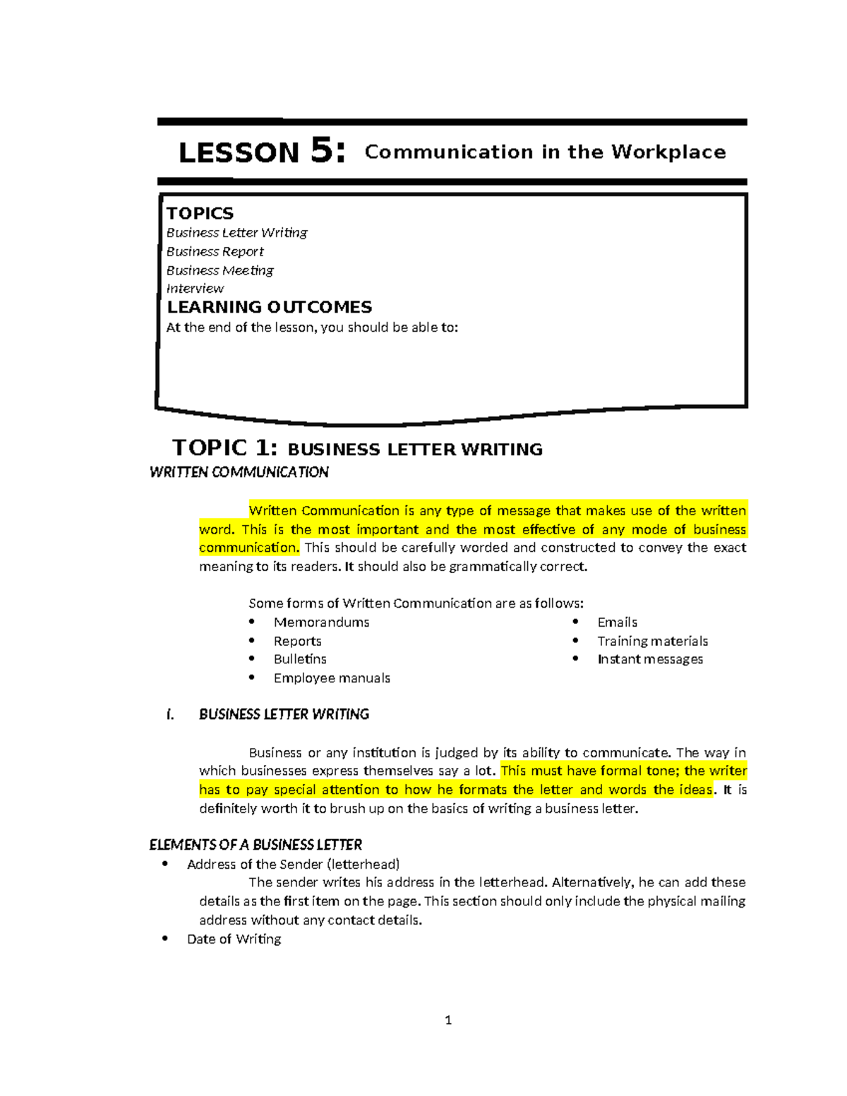 PC 101: Lesson 5 - Effective Communication in the Workplace - Studocu