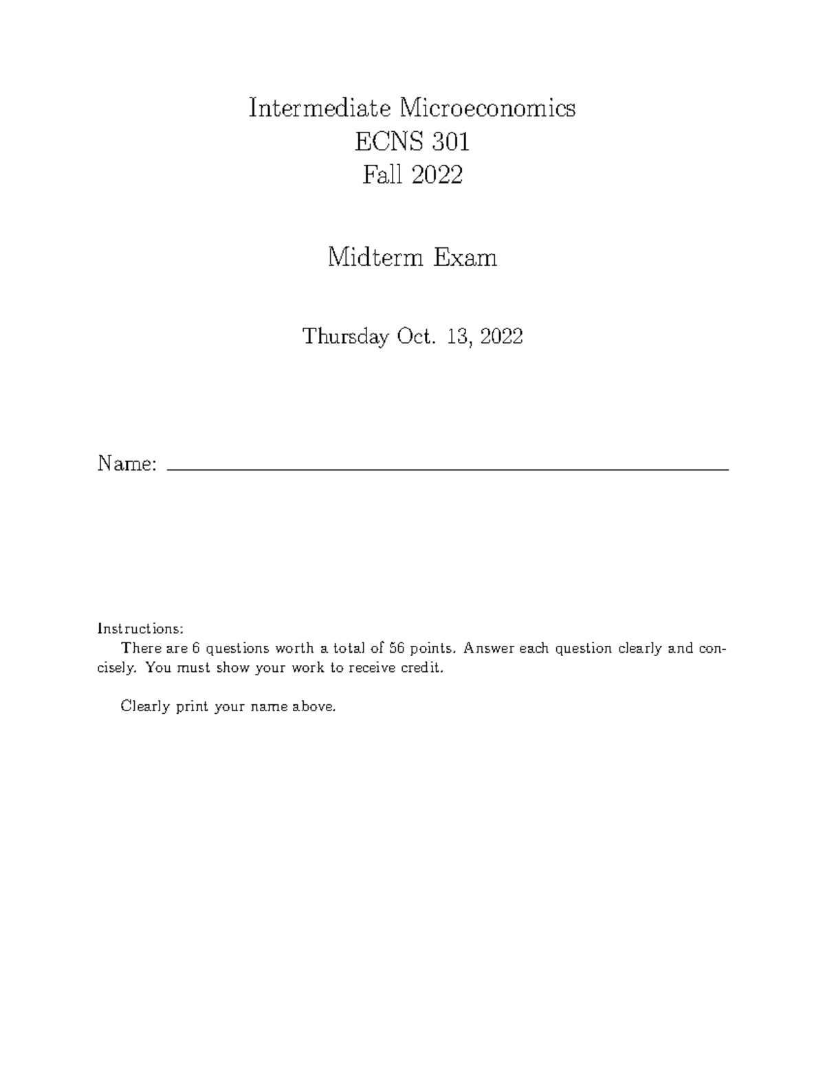 Midterm Exam Study Guide for ECNS 301 - Intermediate Microeconomics ...