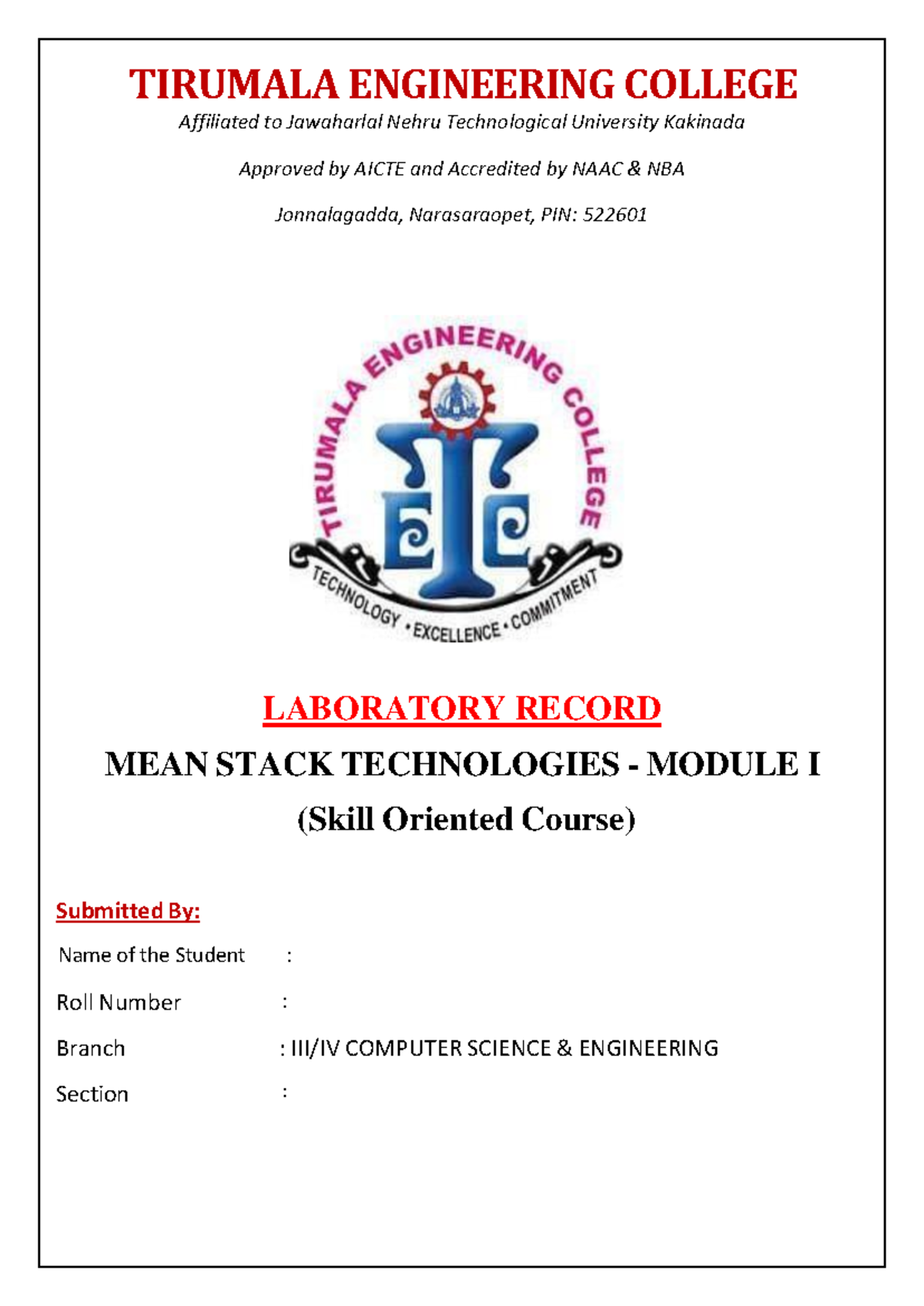 MEAN STACK TECHNOLOGIES LAB RECORD - III B.Tech II SEM (21NE1A0570 ...