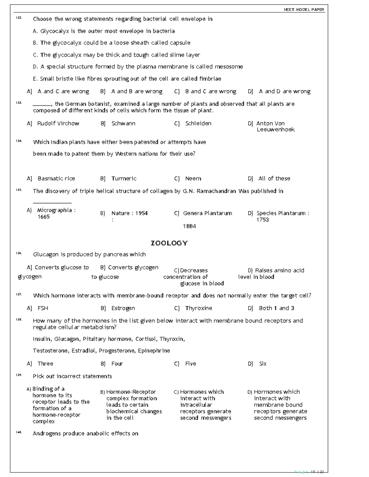 NEET MODEL PAPER: Chemical Coordination and Hormonal Functions - Studocu
