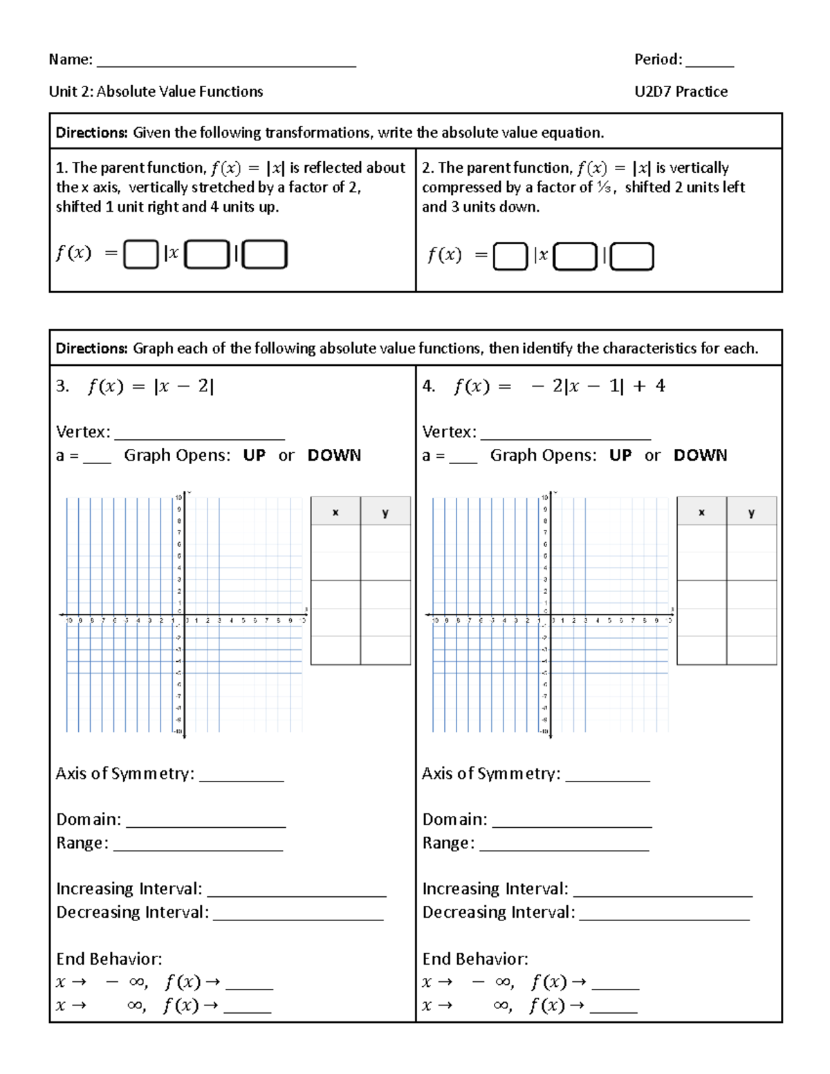 Unit 2 U2D7 Practice: Graphing Absolute Value Function Traits - Studocu