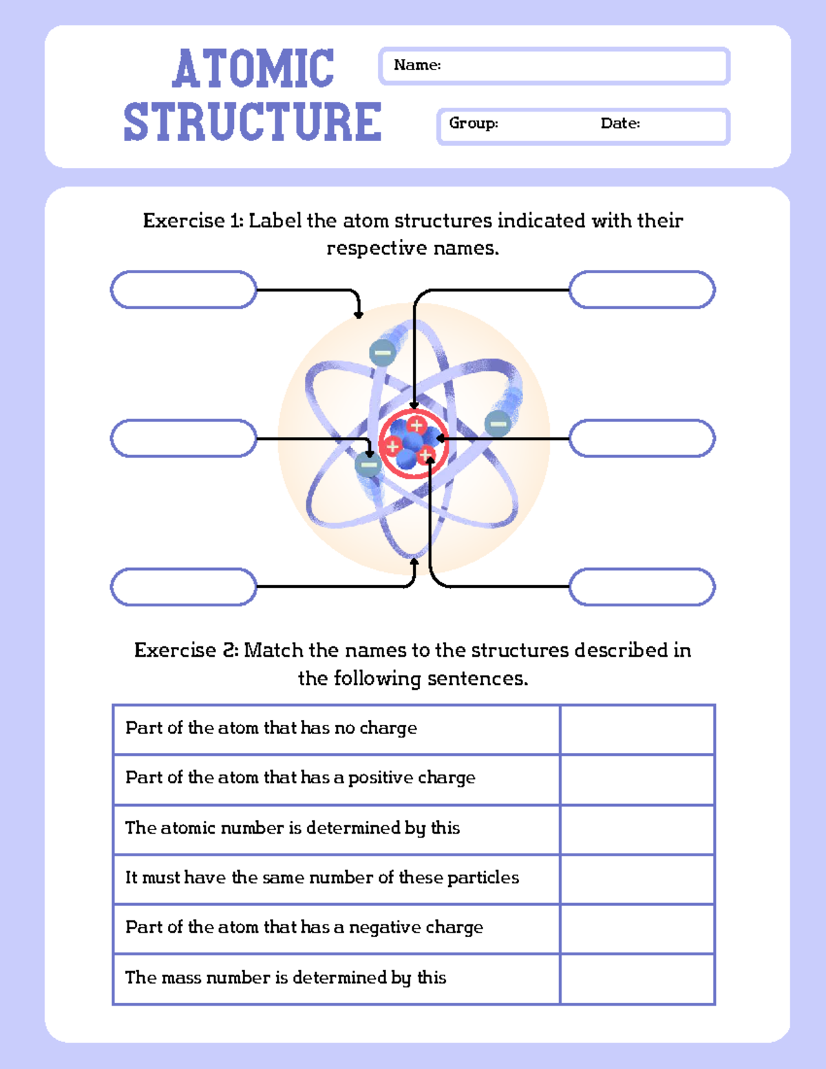 Atomic Structure Quiz - Name: Date: Atomic structure Exercise 1: Label ...