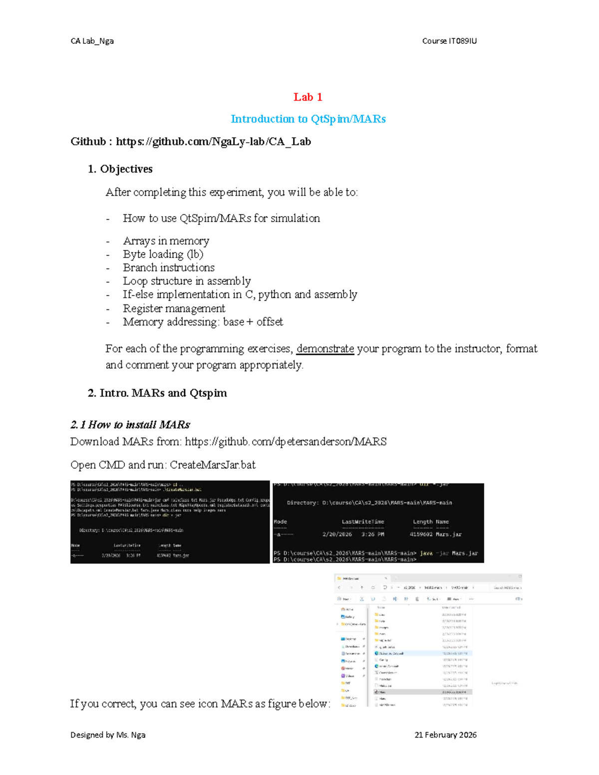 CA Lab_IT089IU Lab 1: Intro to GitHub & MIPS Simulation Techniques ...