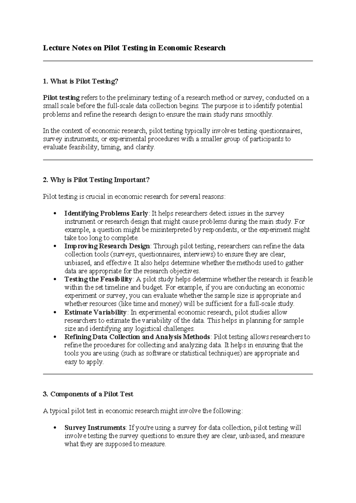 Pilot Testing in Economic Research: Lecture Notes for Course ECON101 ...