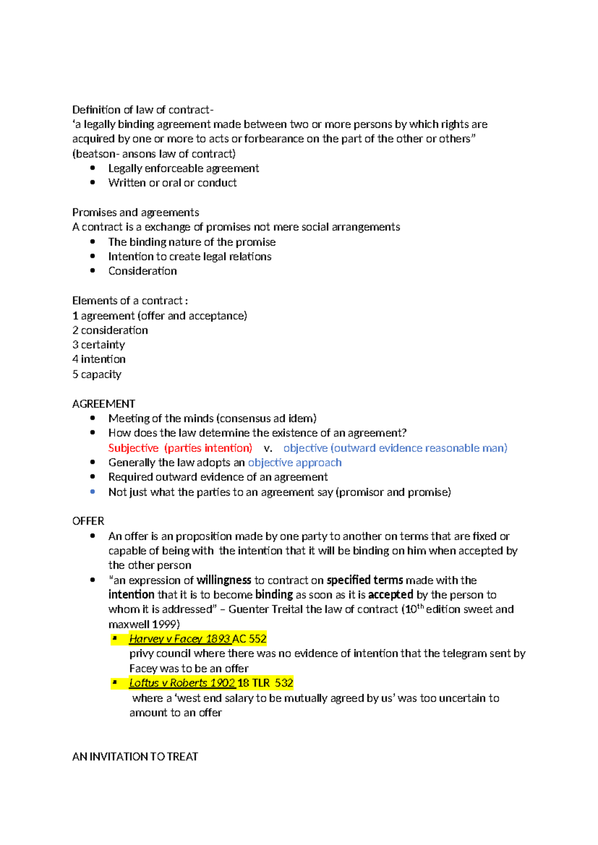 Contract law notes - Definition of law of contract- ‘a legally binding ...
