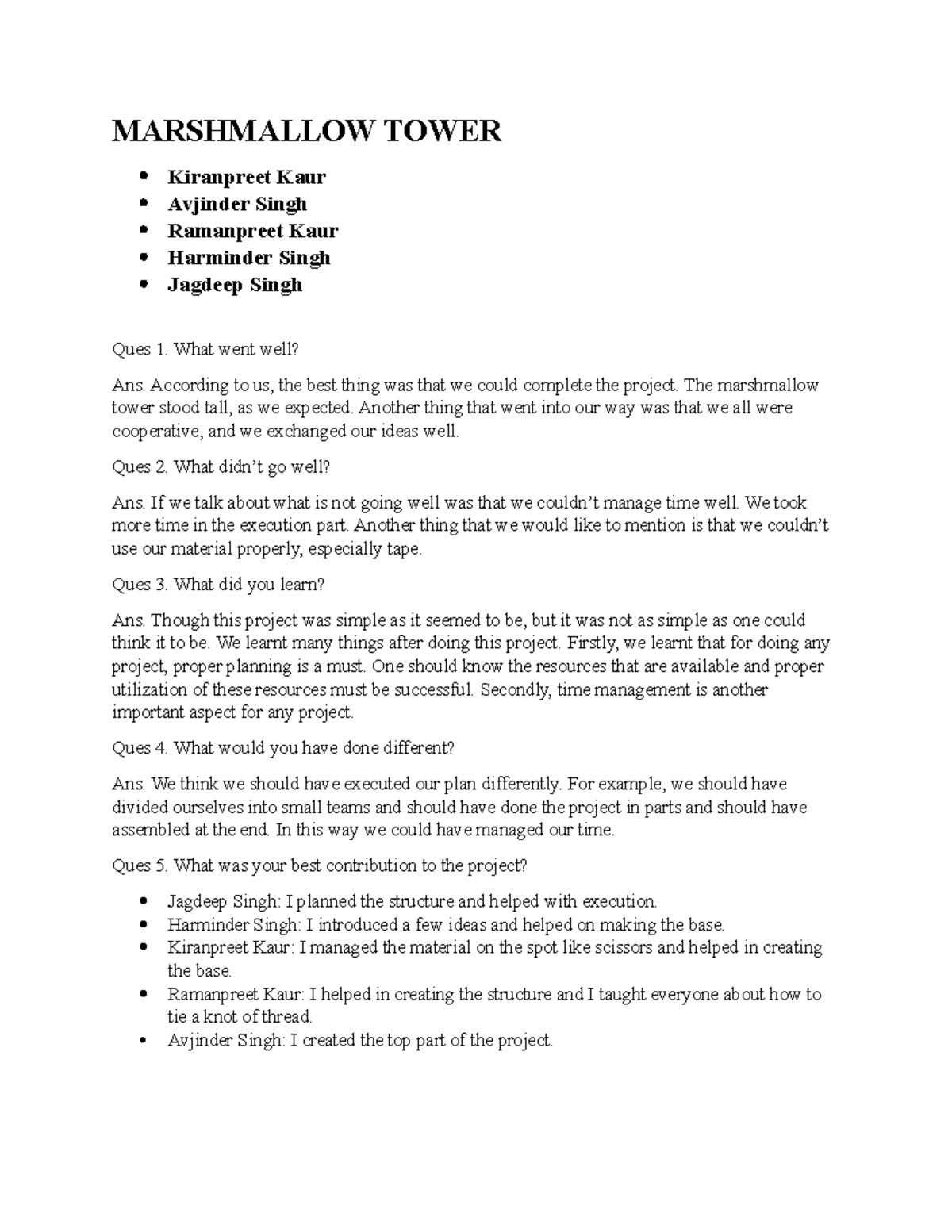 Marshmallow Project Reflection - Group 2 Analysis and Learnings - Studocu