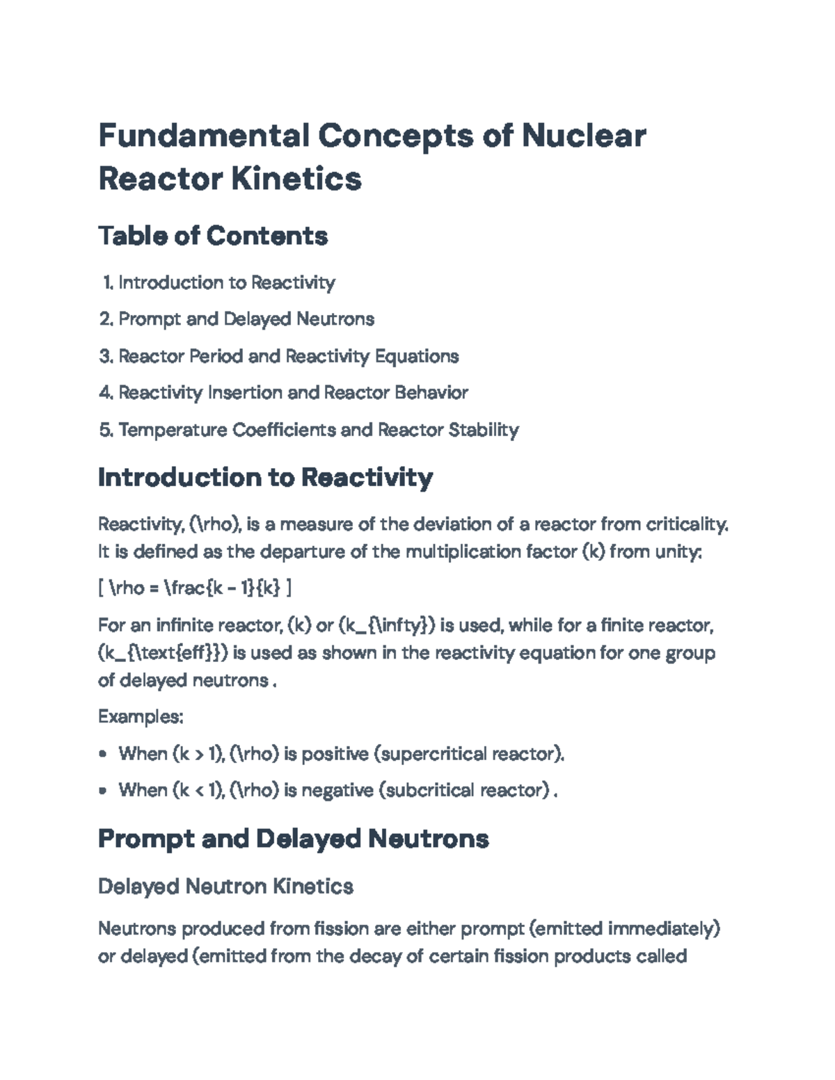 Fundamental Concepts of Nuclear Reactor Kinetics (Course Code: REACT ...
