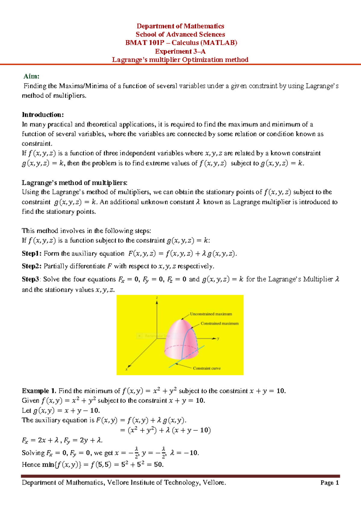 Lagrange’s Multiplier Optimization Method for BMAT 101P - Experiment 3 ...