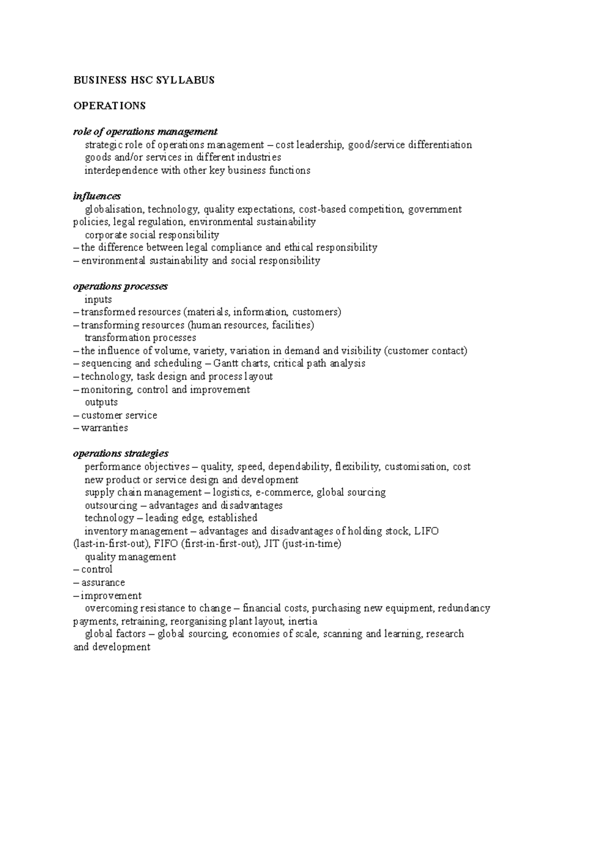 Syllabus - BUSINESS HSC SYLLABUS OPERATIONS role of operations ...