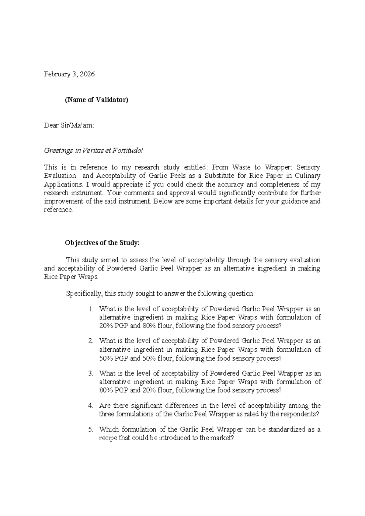 Validation Letter for Research Study: Garlic Peels as Rice Paper ...