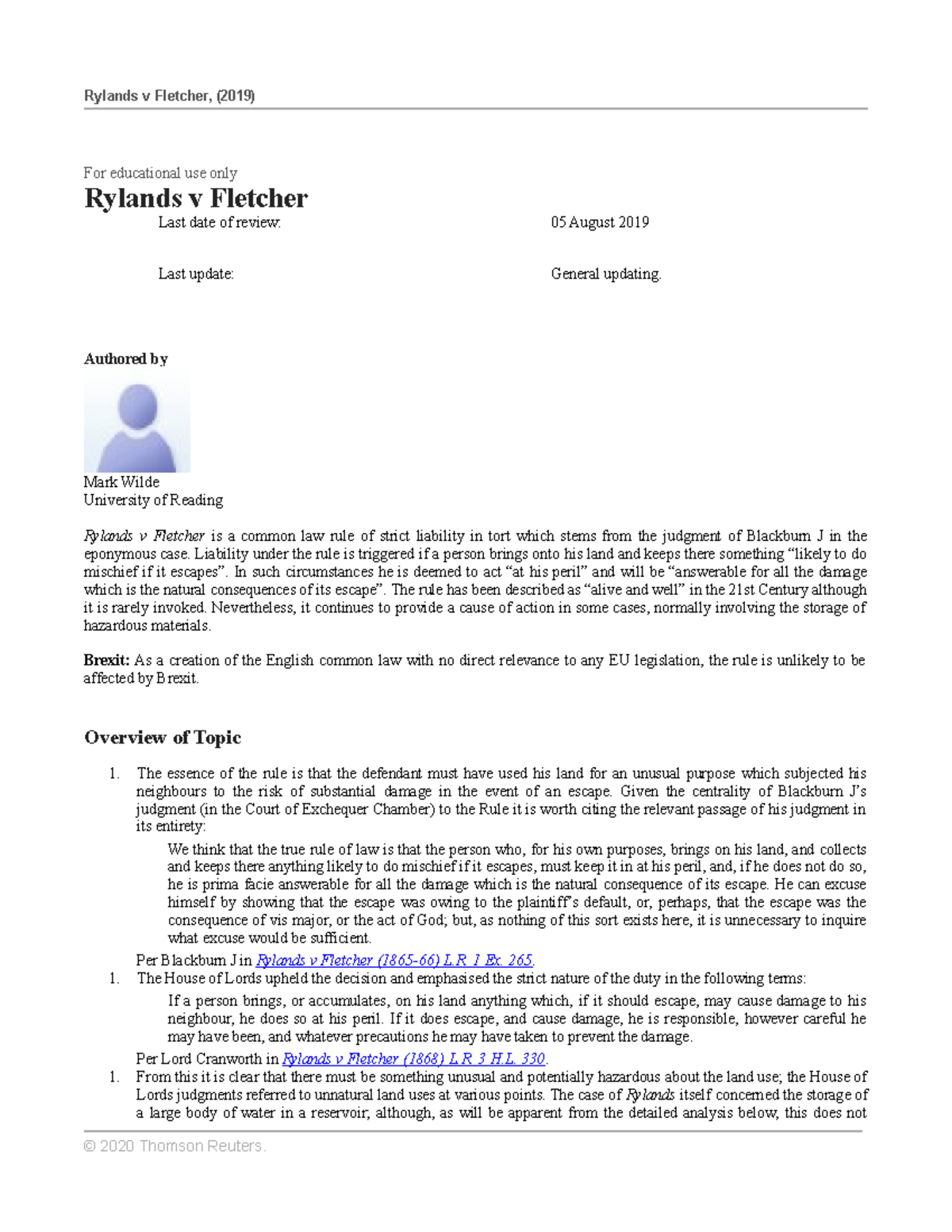 Rylands v Fletcher - Notes - For educational use only Rylands v ...