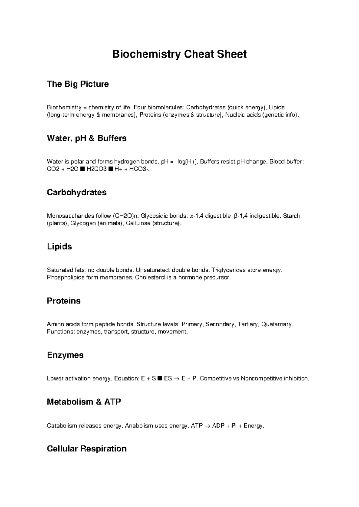 Biochemistry Cheat Sheet: Key Concepts & Biomolecules Overview - Studocu